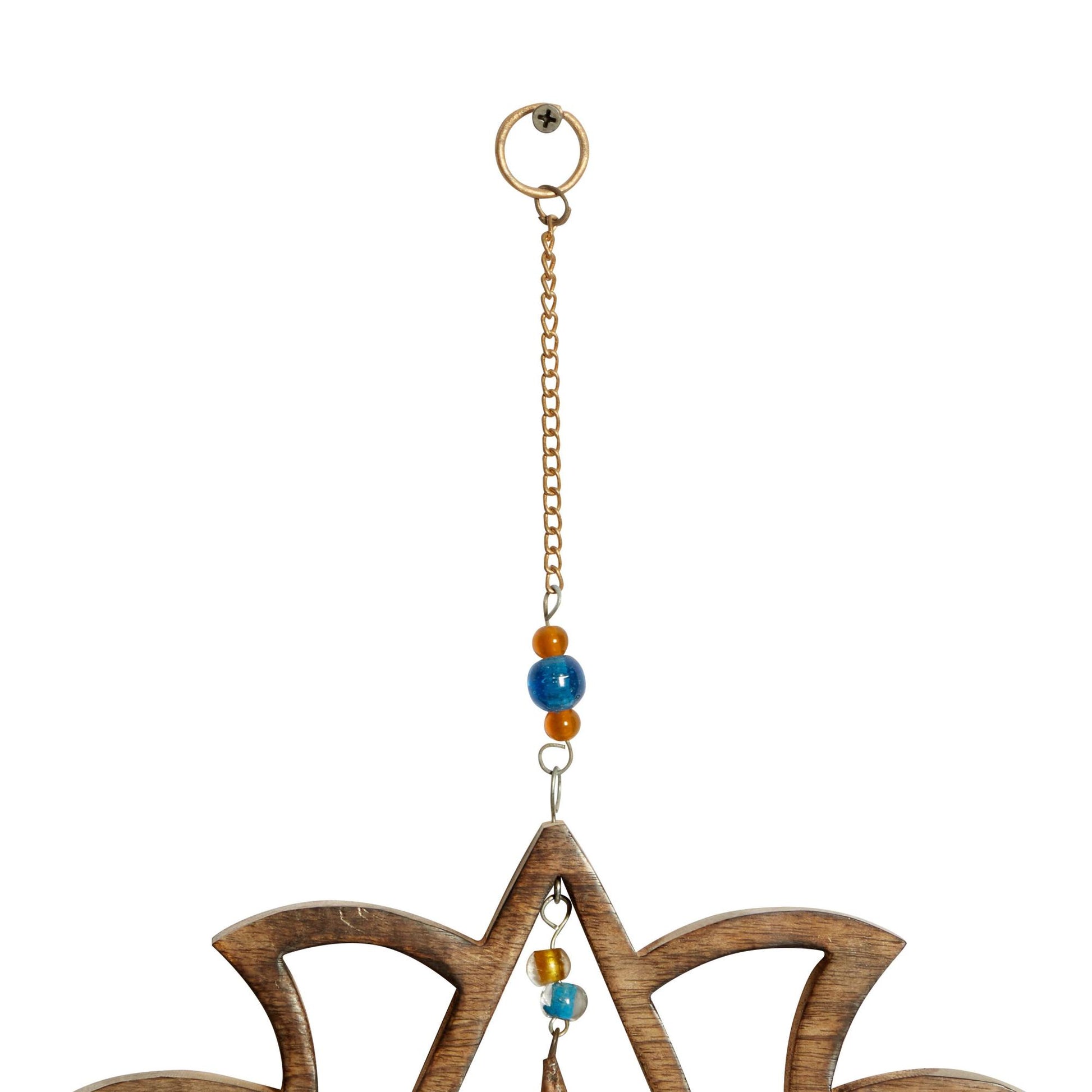 Floral Brown Mango Wood Handmade Lotus Indoor Outdoor Windchime with Glass Beads and Cone Bells