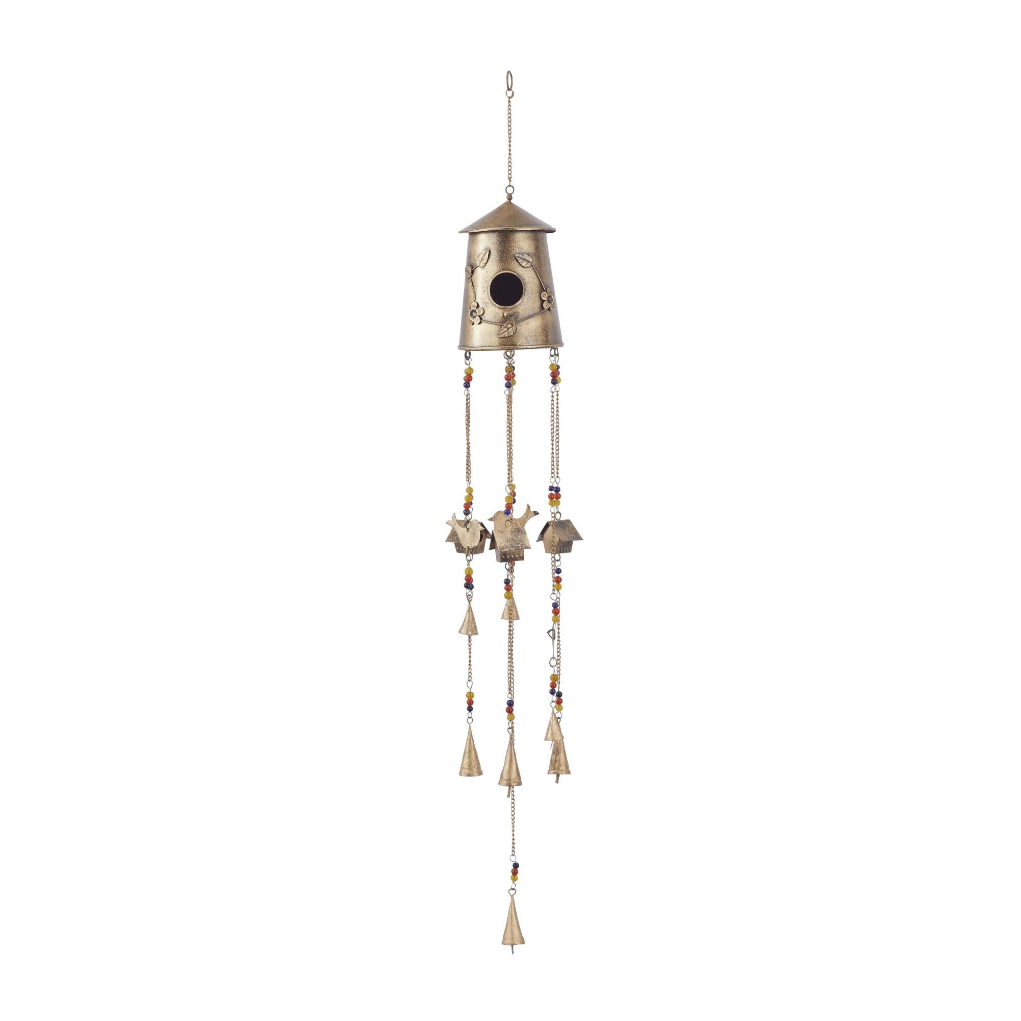 Bronze Metal Handmade Birdhouse Indoor Outdoor Windchime with Glass Beads and Bells