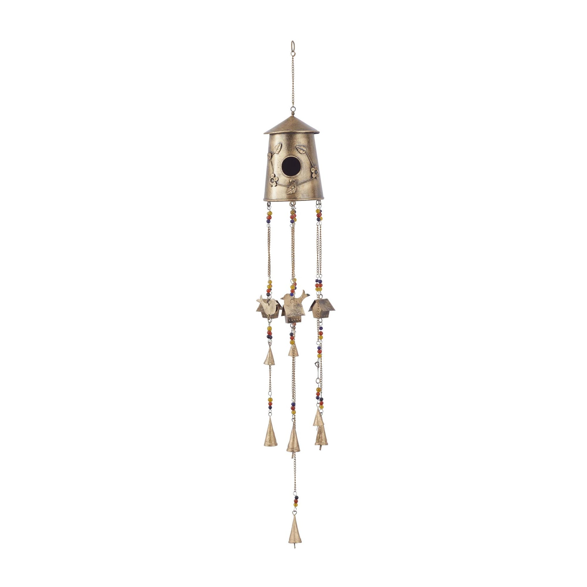 Bronze Metal Handmade Birdhouse Indoor Outdoor Windchime with Glass Beads and Bells