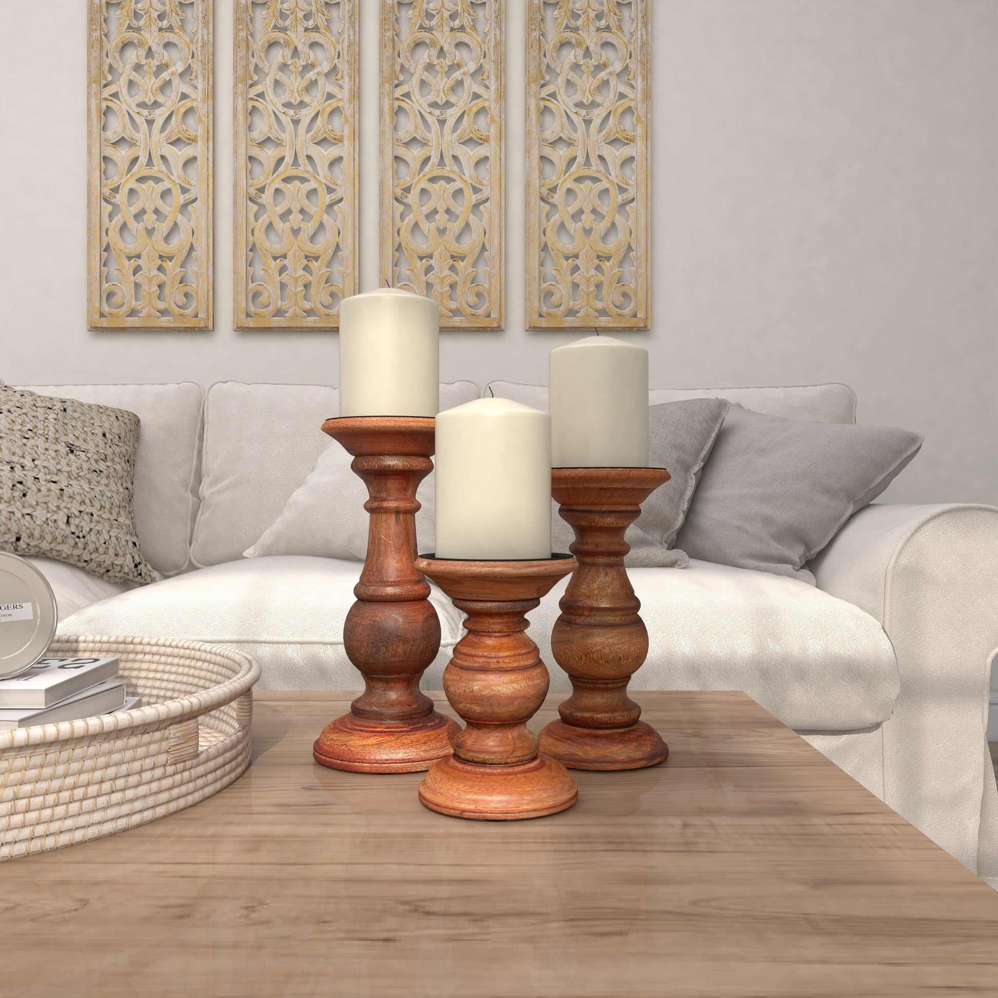 Set of 3 Mango Wood Distressed Turned Pillar Decorative Candle Holder