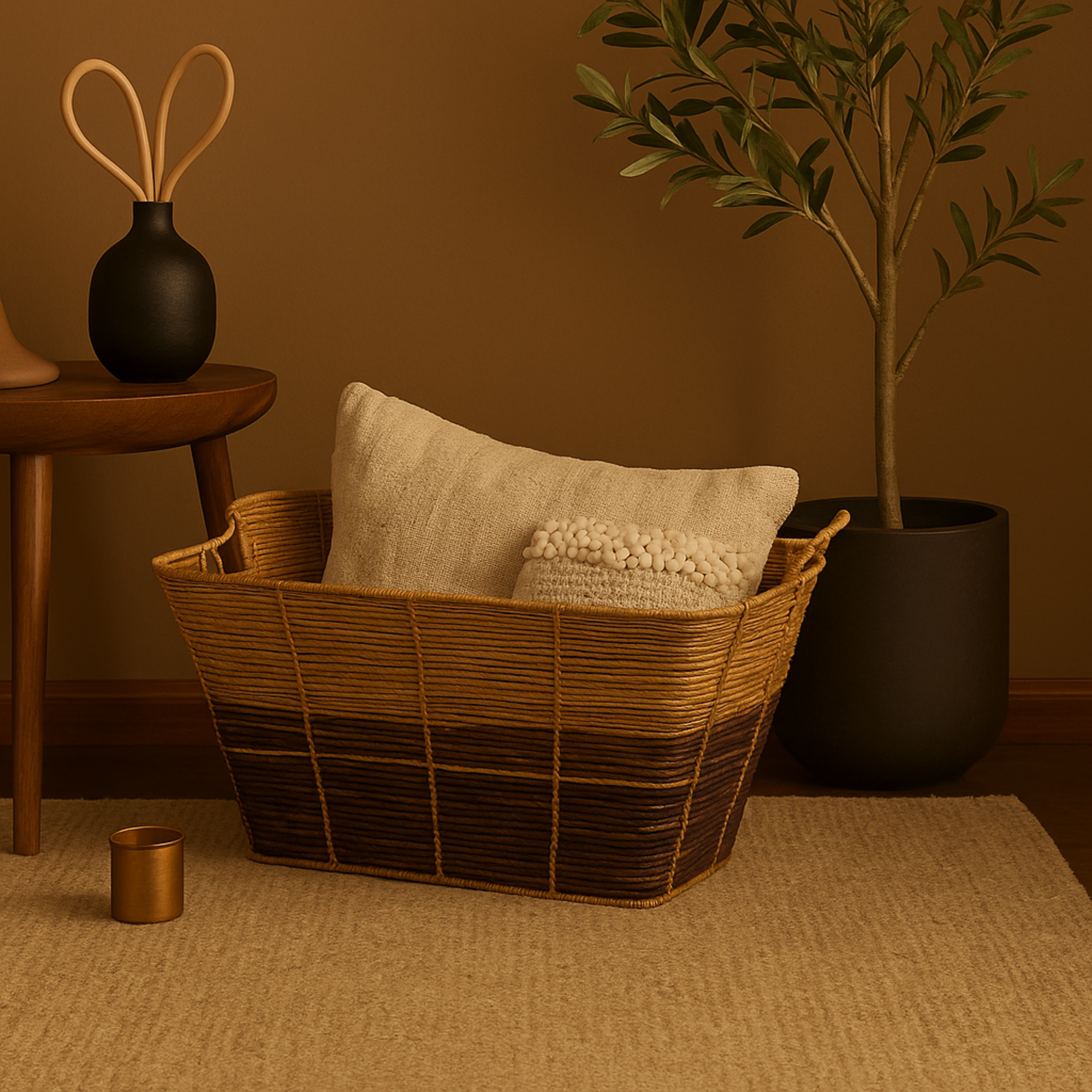 Brown Seagrass Handmade Oversized Color Block Decorative and Functional Storage Basket with Slot Handles