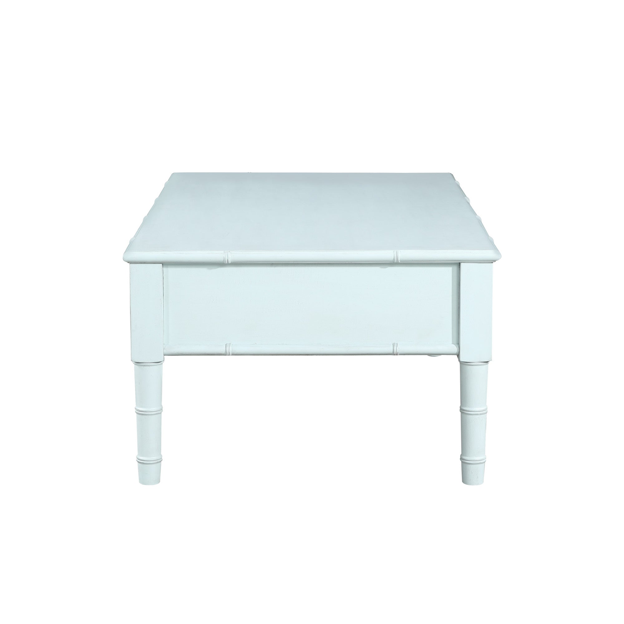 Light Blue Wood 2 Drawer Living Room Coffee Table with Bamboo Inspired Detailing and Bronze Knobs