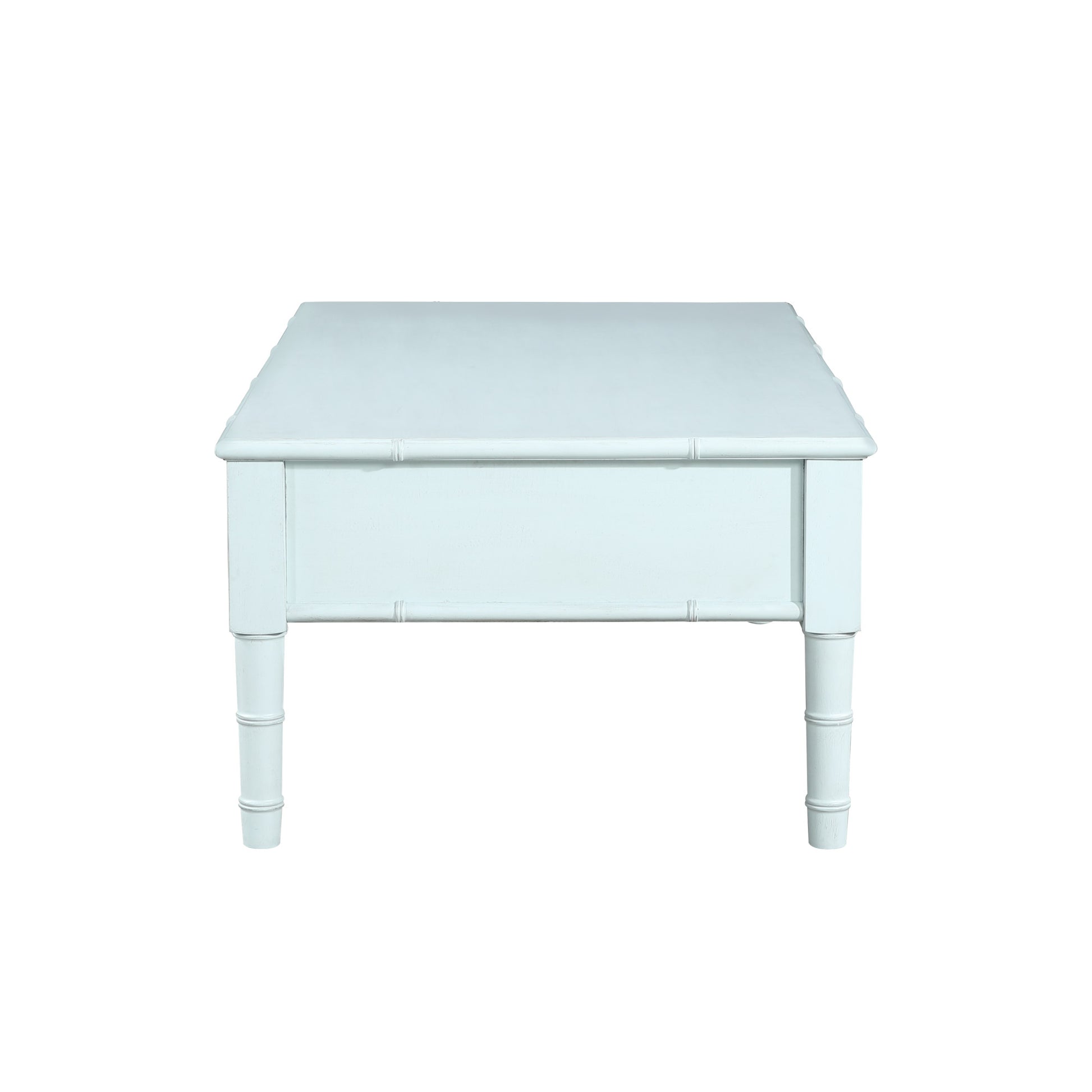 Light Blue Wood 2 Drawer Living Room Coffee Table with Bamboo Inspired Detailing and Bronze Knobs