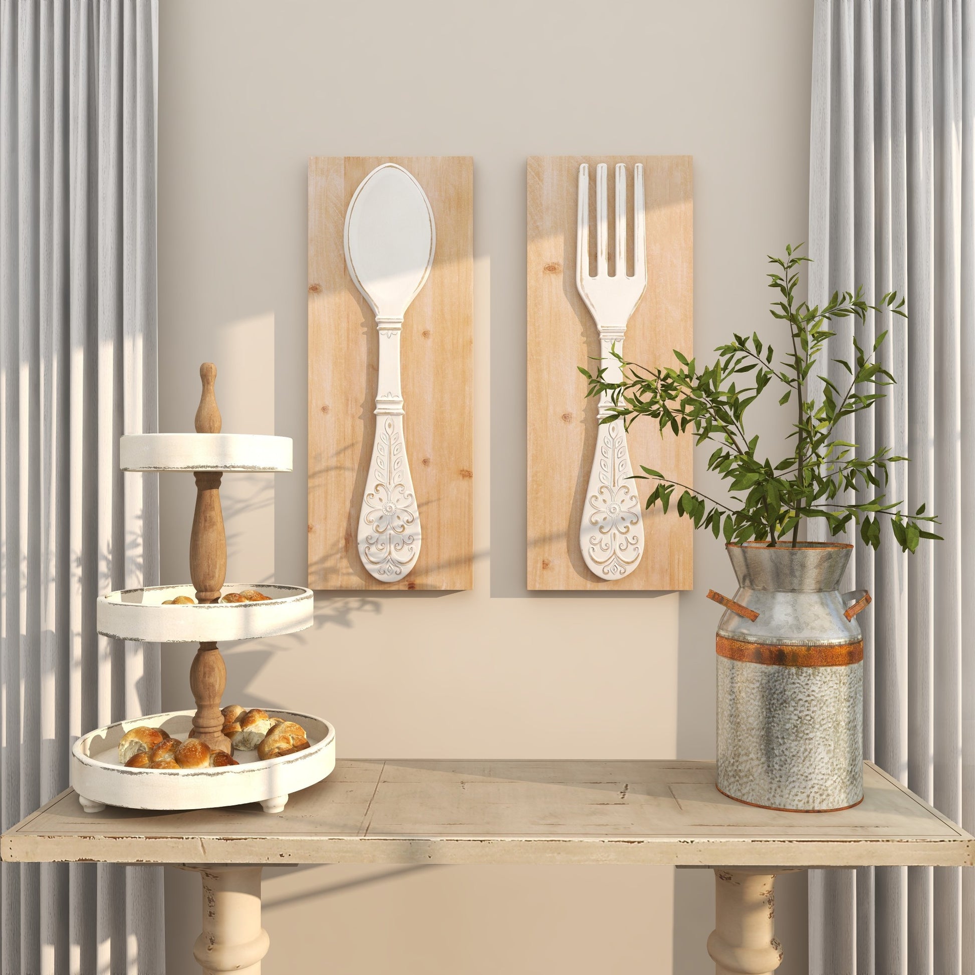 Set of 2 Utensils Brown Wooden Home Wall Decor with Carved White Floral Designs