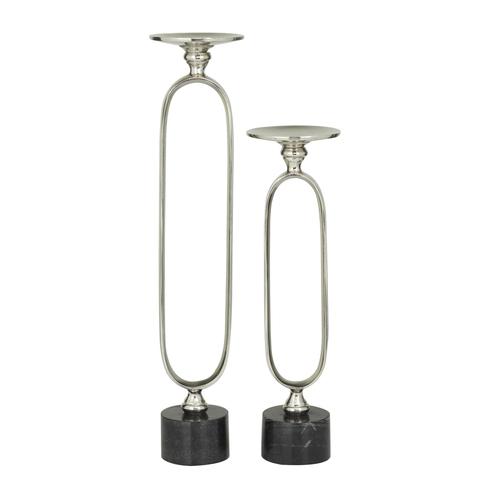 Set of 2 Aluminum Metal Paper Clip Pillar Decorative Candle Holder with Marble Base