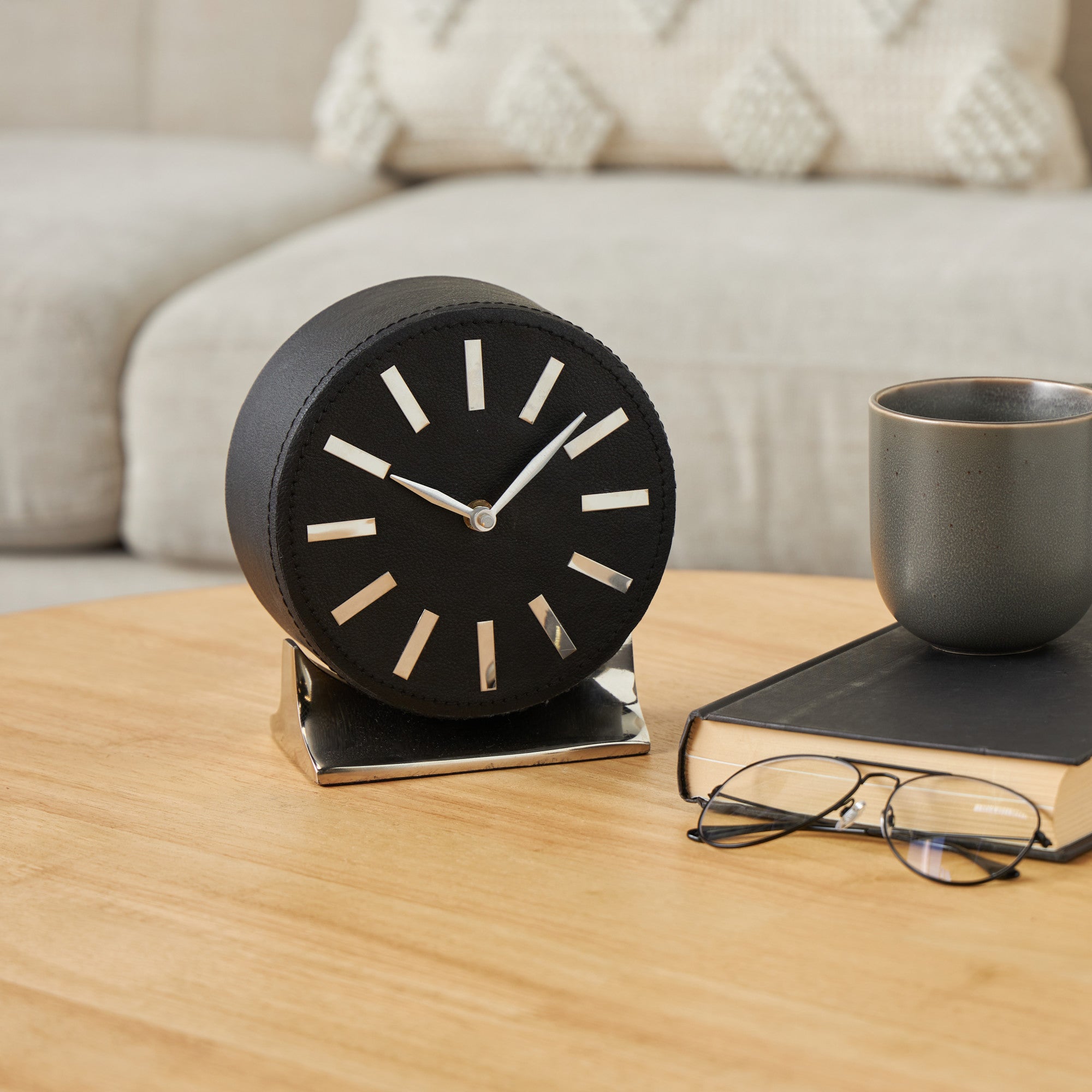 Faux Leather Round Decorative Clock with Silver Rectangular Base
