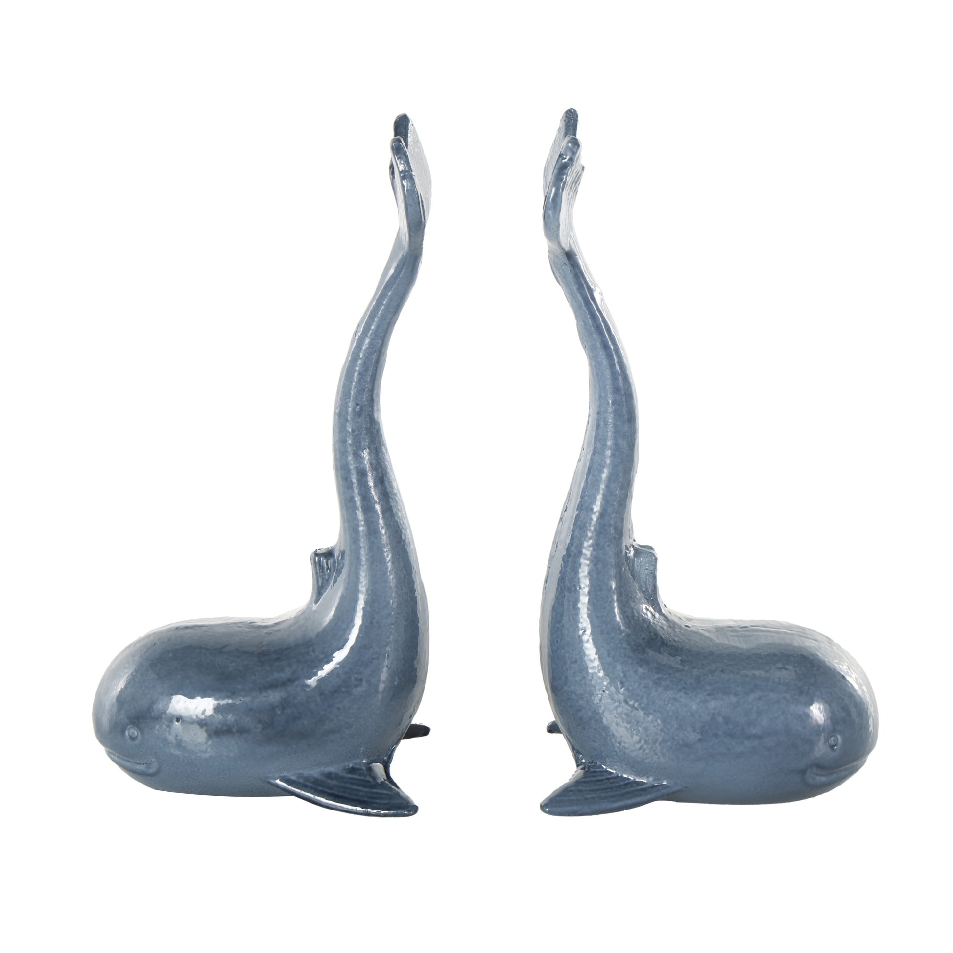 Set of 2 Dolphin Blue Metal Decorative Bookends with Raised Tails