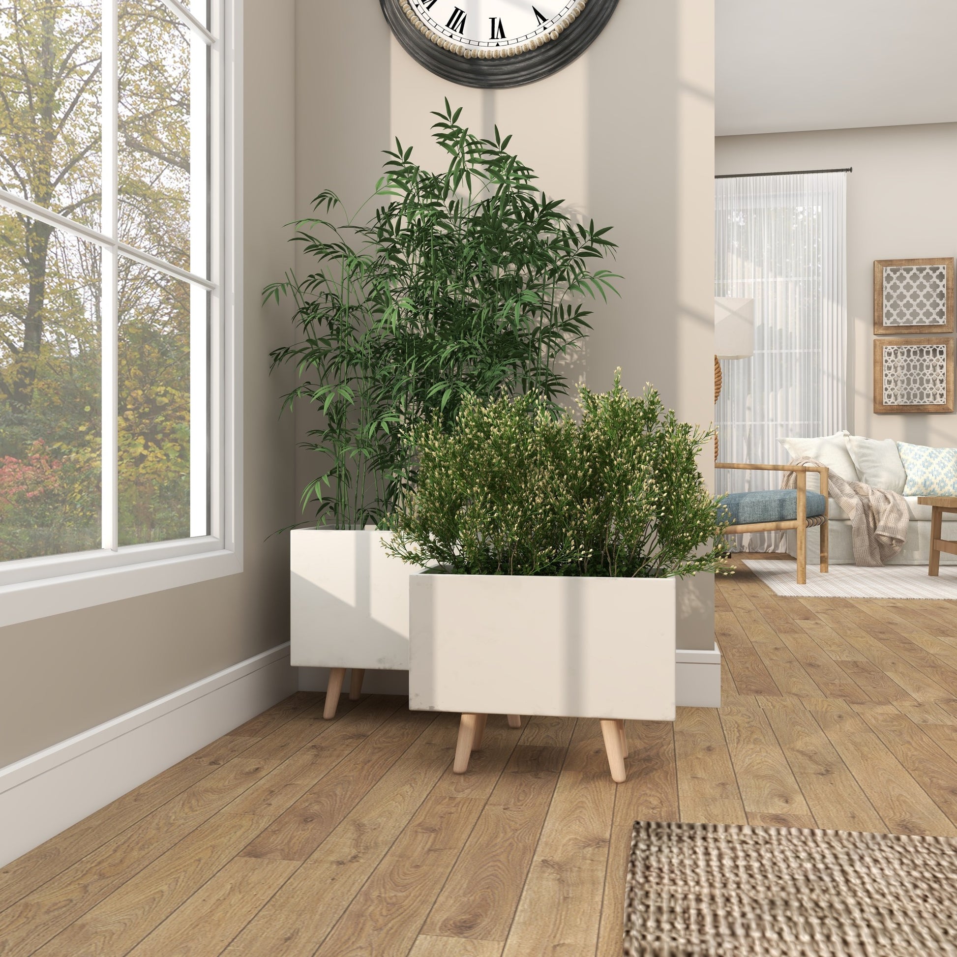 Set of 2 White Fiberclay Ceramic Rectangular Indoor Outdoor Planter with Brown Wooden Legs
