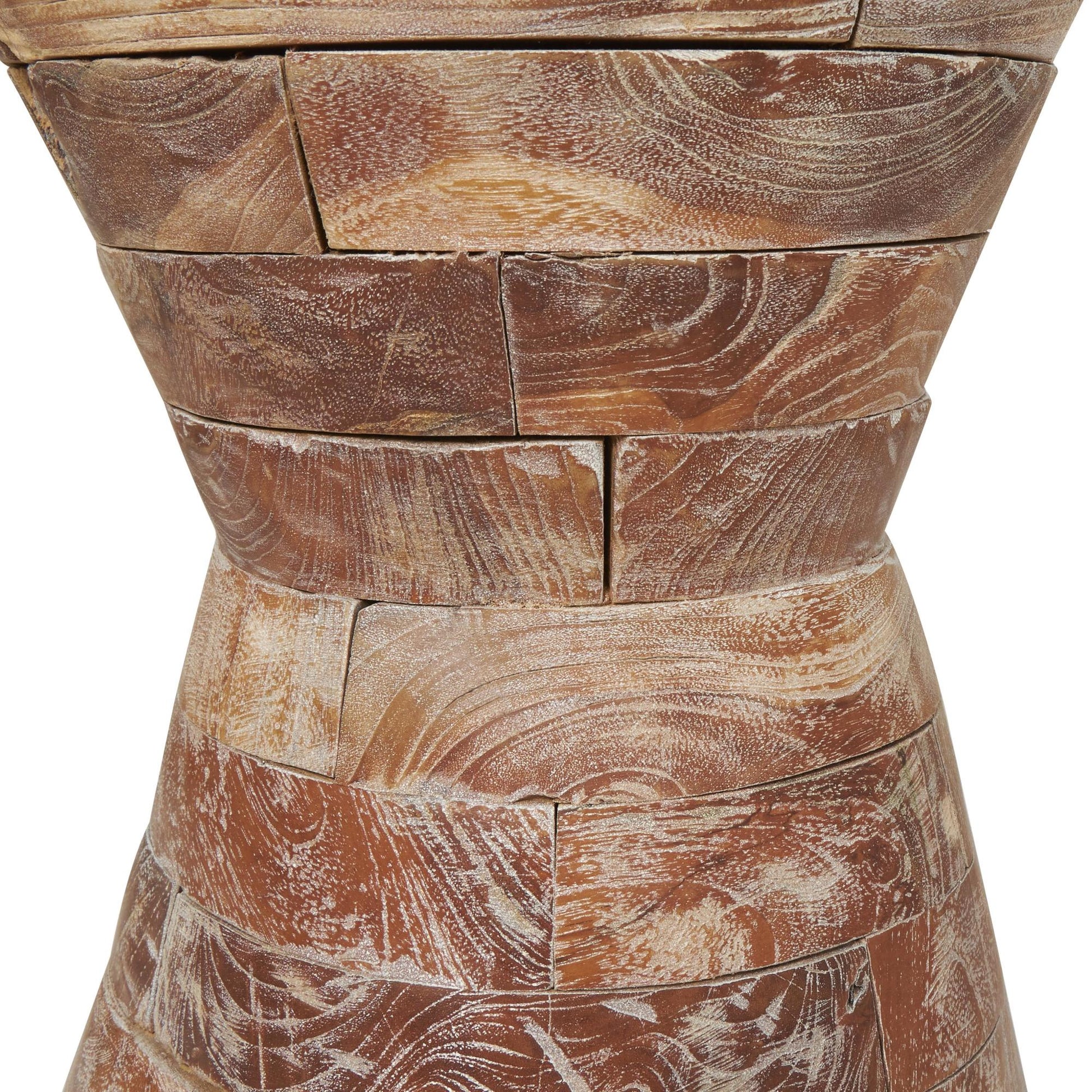 Geometric Teak Wood Handmade Hourglass Side End Accent Table with Stacked Wood Pieces