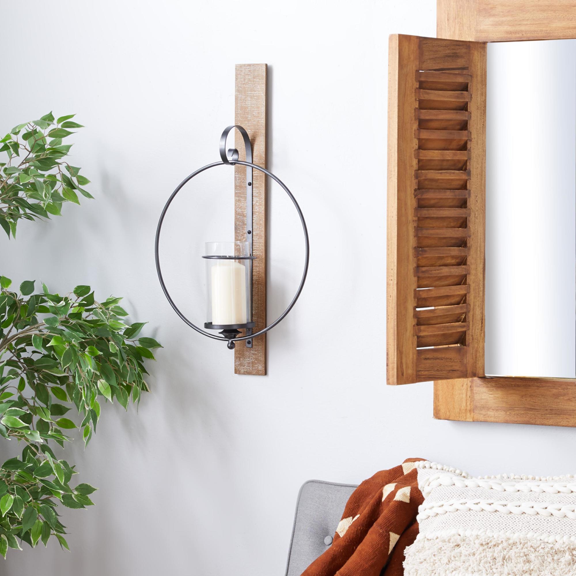 Geometric Brown Wood Pillar Indoor Outdoor Wall Sconce with Wood Back Mount