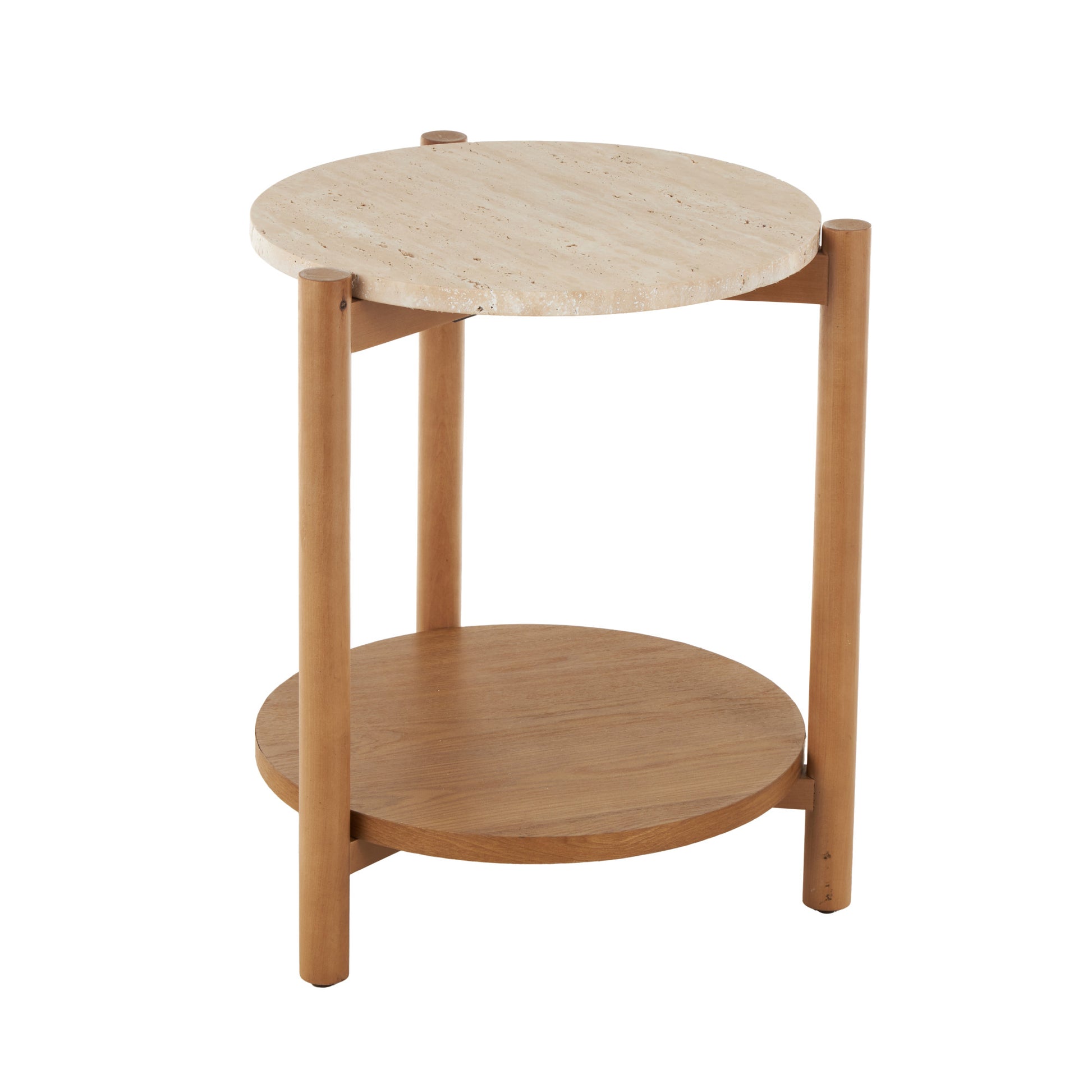 Brown Wood Handmade Round Side End Accent Table with Beige Round Marble Top