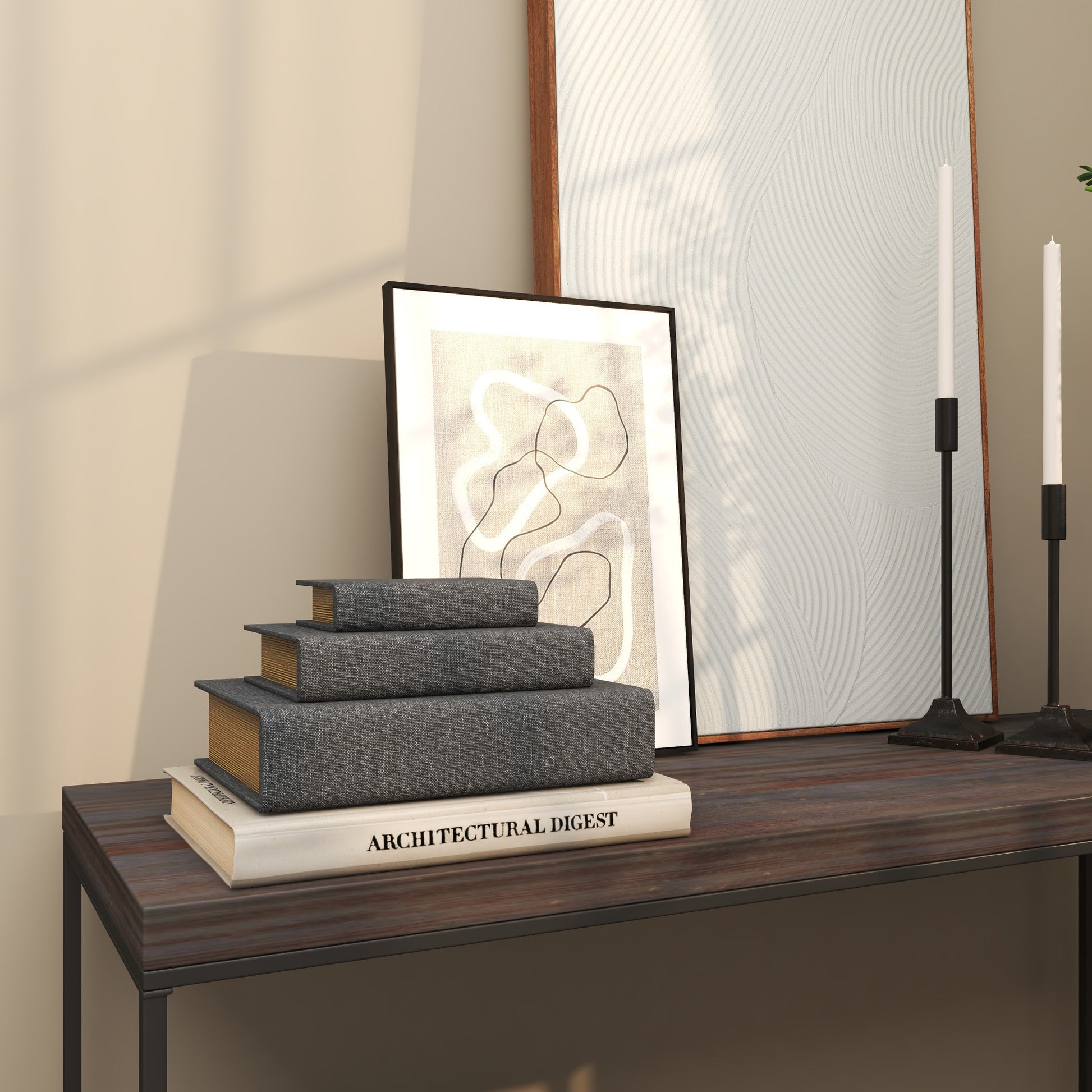 Set of 3 Linen Fabric Textured Faux Book Storage Decorative Box with Gold Page Detailing