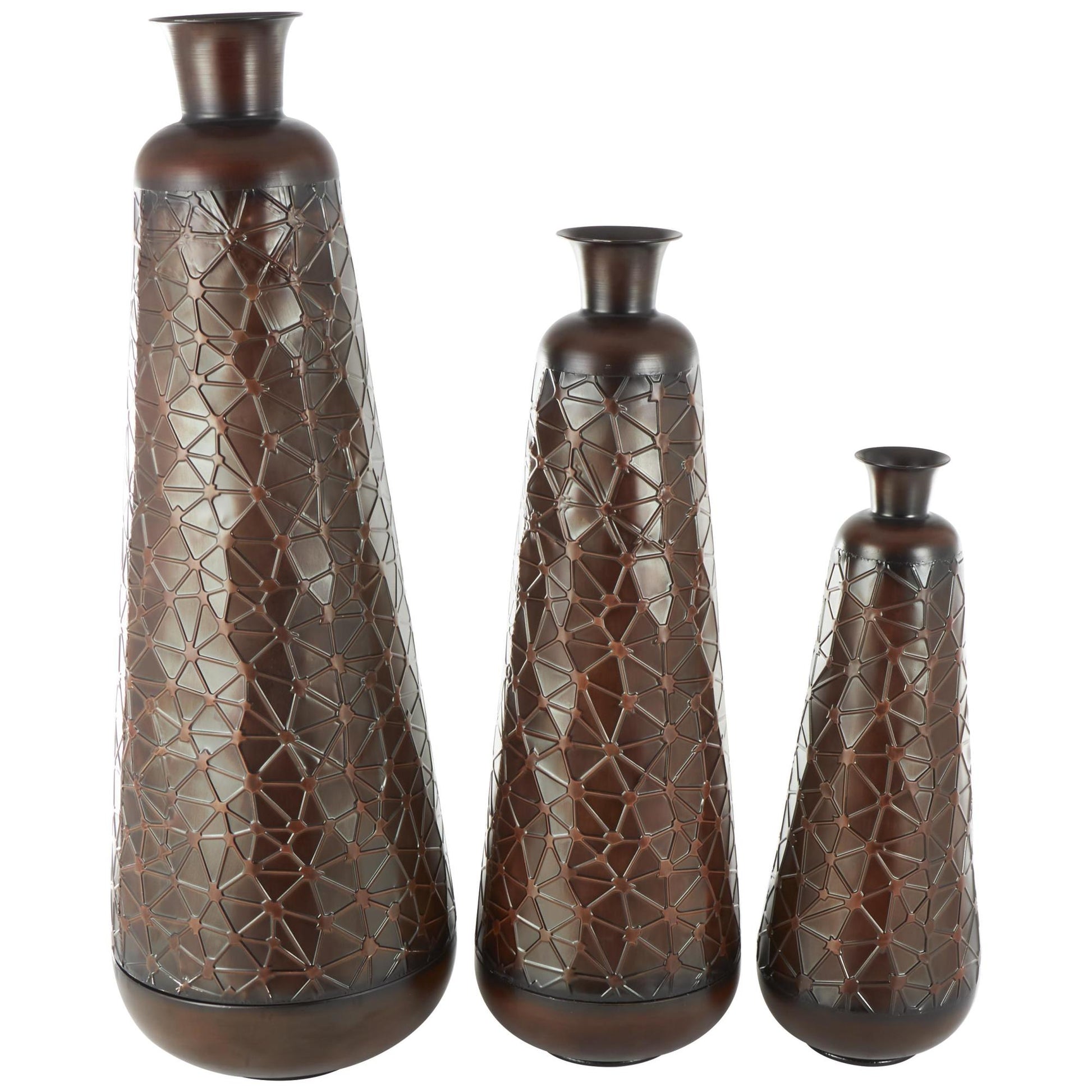 Set of 3 Metal Tall Tapered Floor Decorative Vase with Brown Trumpet Tops Set of 3 18", 39", 28"H