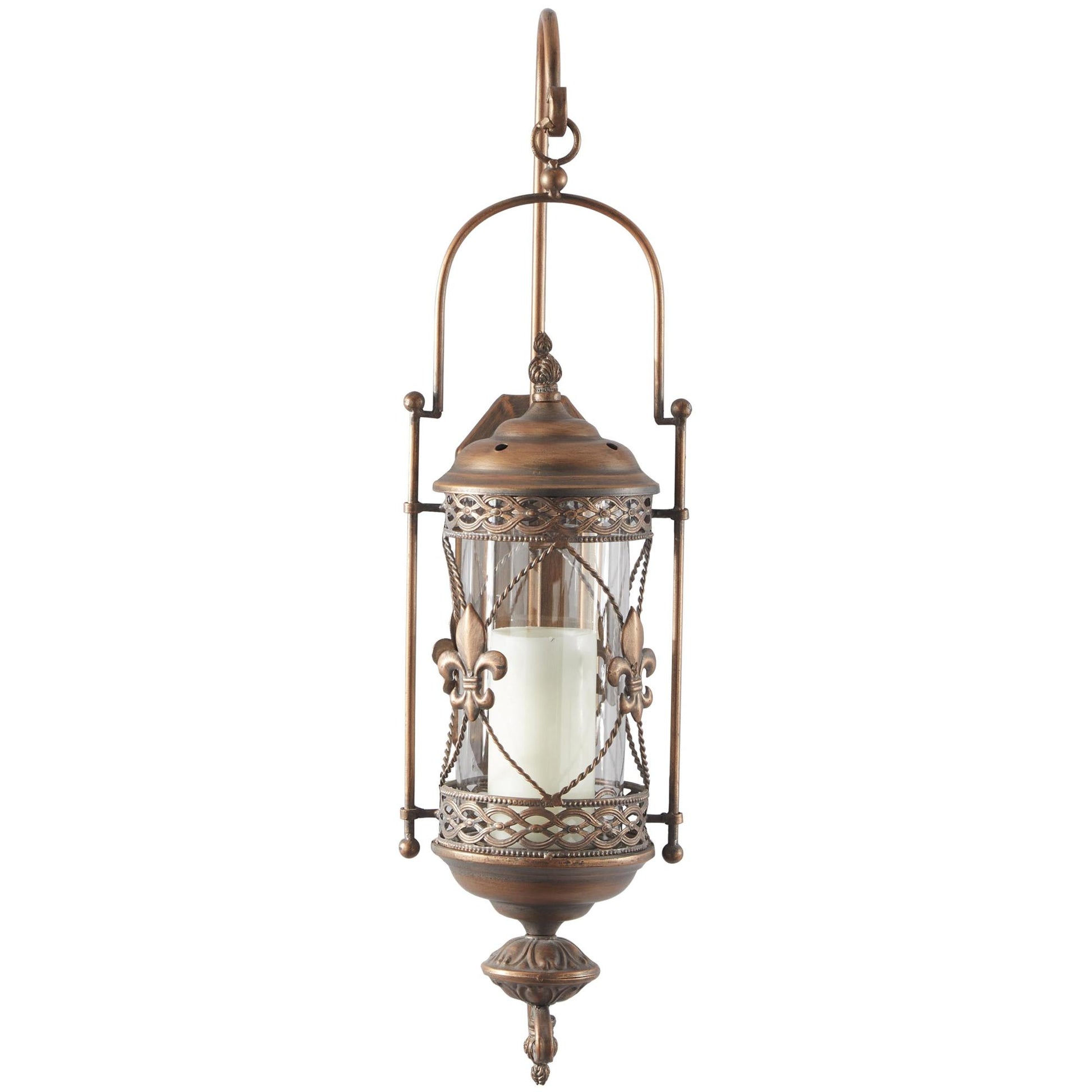 Fleur De Lis Metal Suspended Studded Single Candle Indoor Outdoor Wall Sconce with Scroll Details