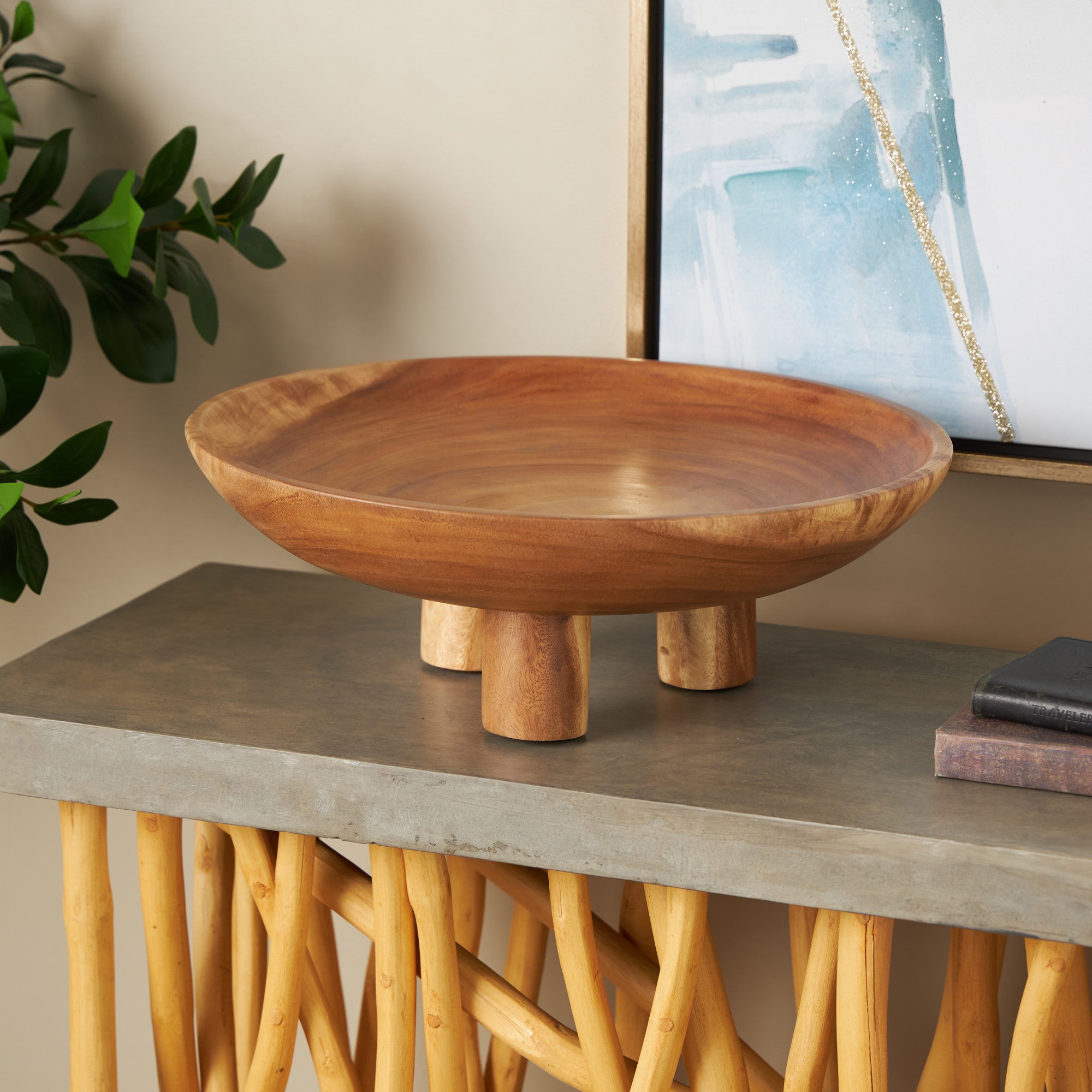 Brown Teak Wood Handmade Round Large Decorative Bowl with Peg Legs