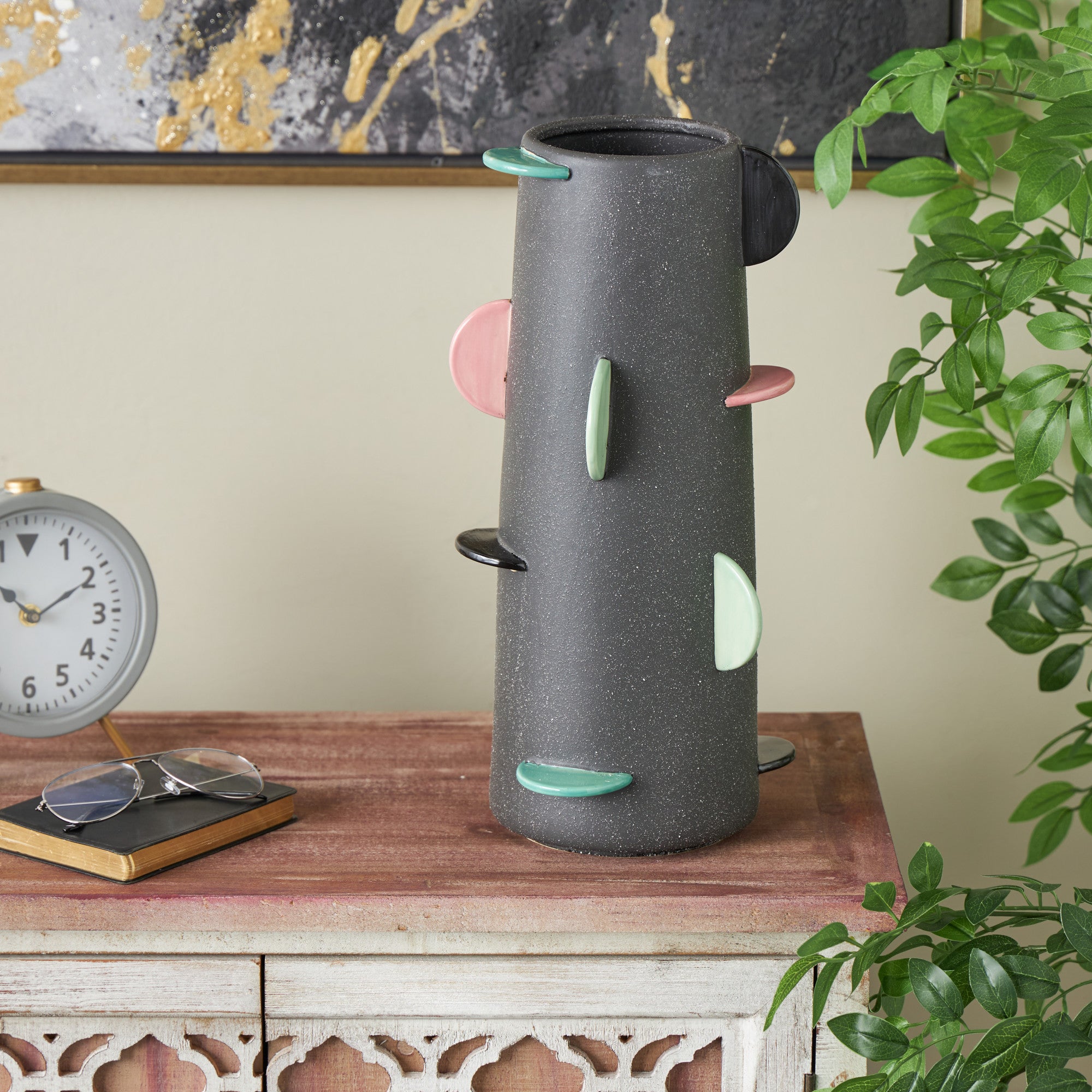 Black Ceramic Textured Decorative Vase with Multicolor Half-Moon Accents