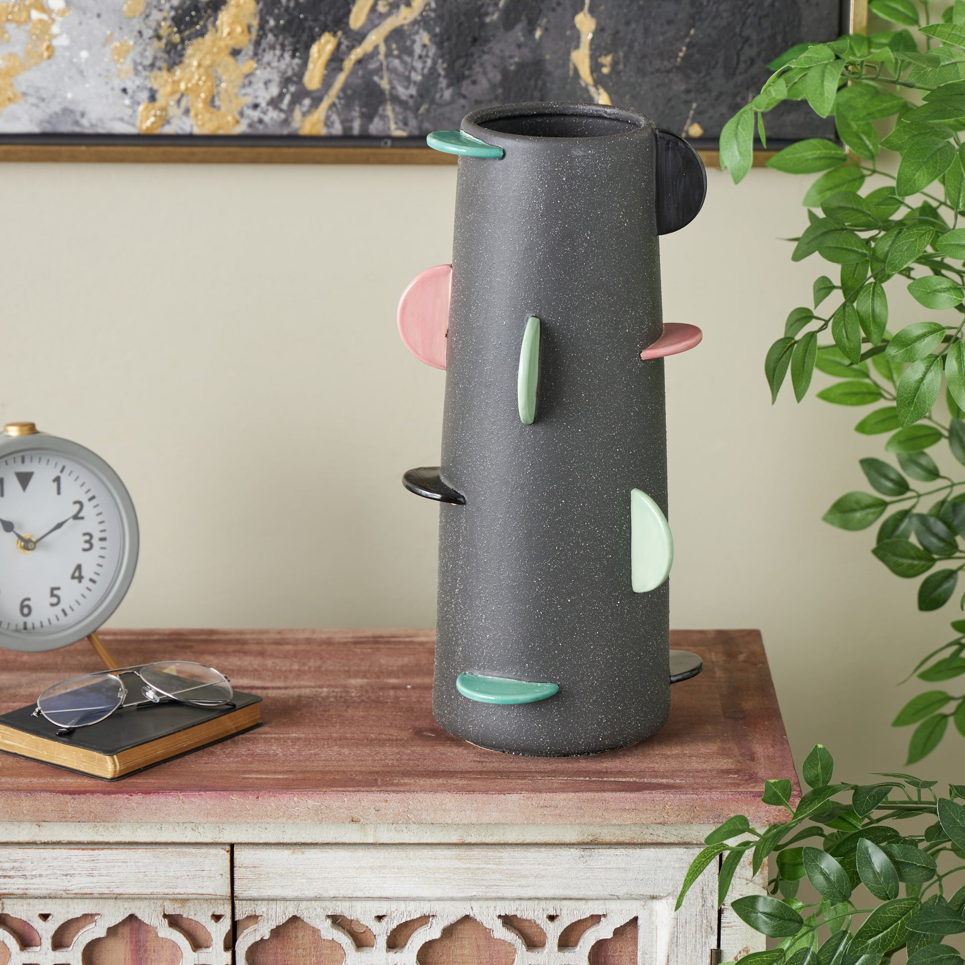 Black Ceramic Textured Decorative Vase with Multicolor Half-Moon Accents