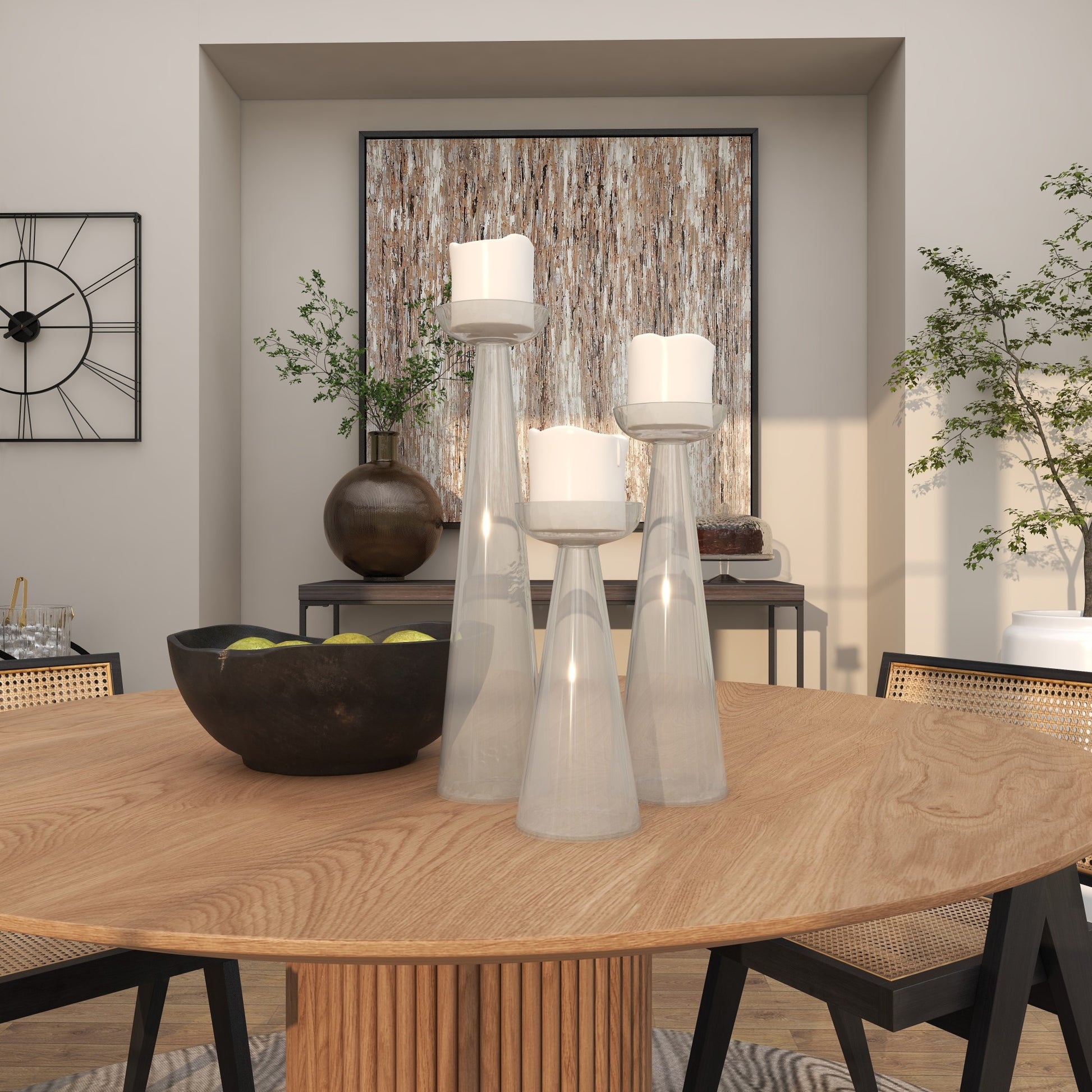 Set of 3 Glass Tapered Cone Decorative Candle Holder with Rounded Candle Plates