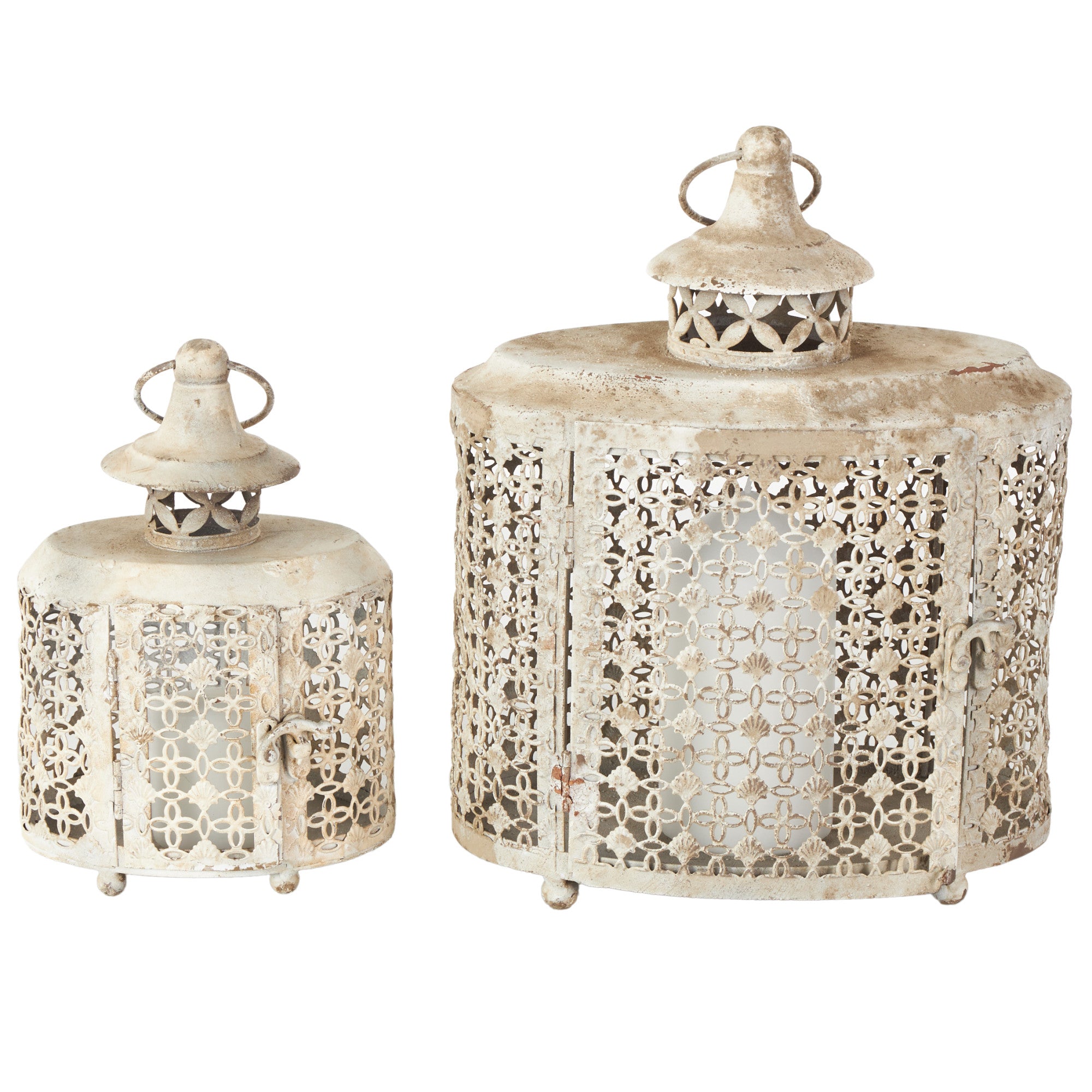 Set of 2 Floral Beige Metal Antique Distressed Oval Cutout Indoor Outdoor Candle Lantern