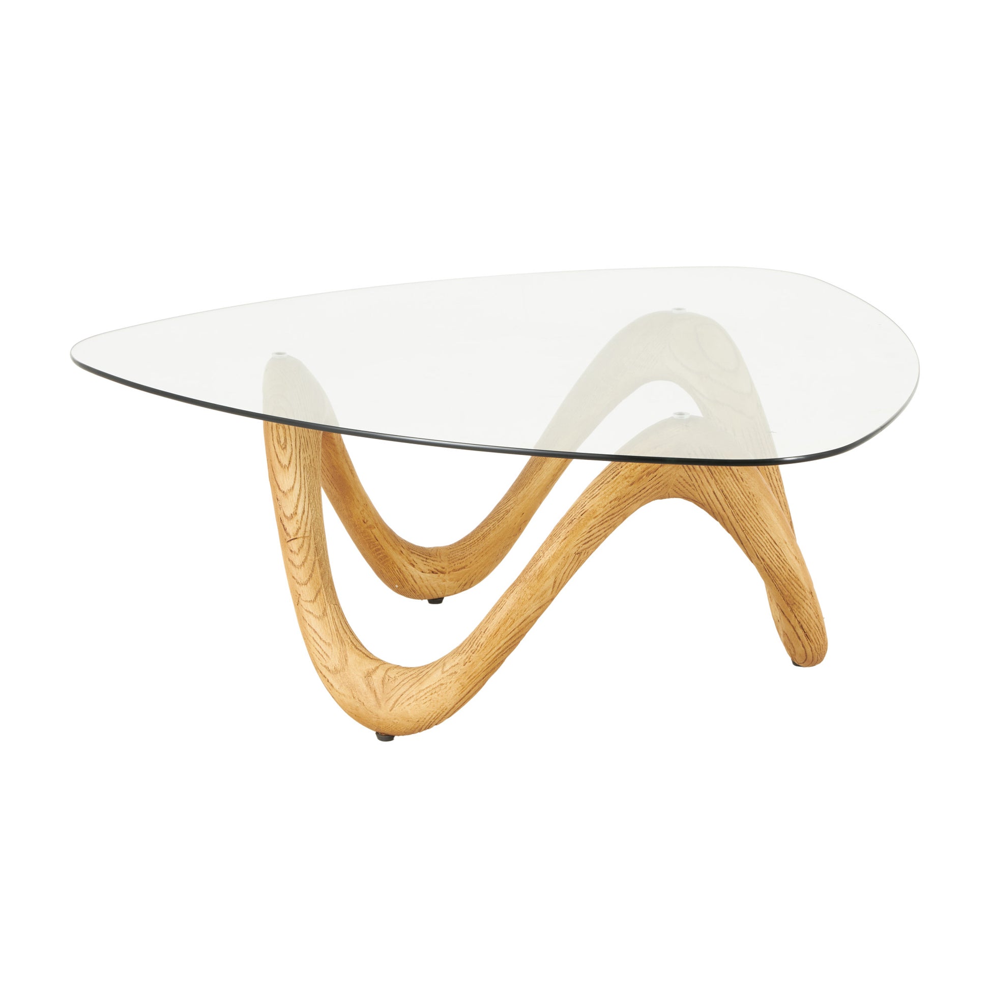Abstract Polystone Wood Inspired Wavy Side End Accent Table with Glass Tabletop