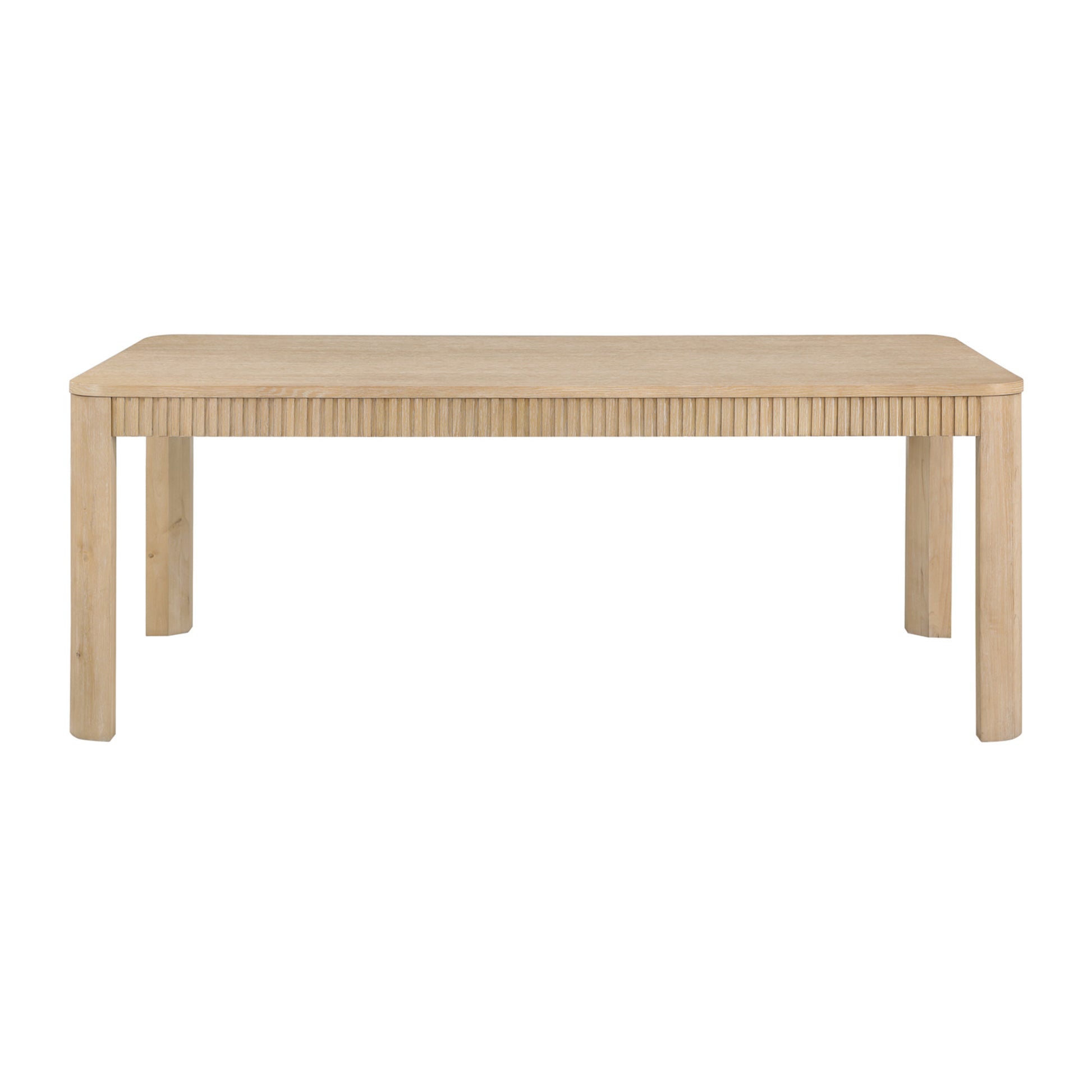 Light Brown Wood Slatted Kitchen Dining Table with Natural Wood Grains and Trapezoid Carved Legs