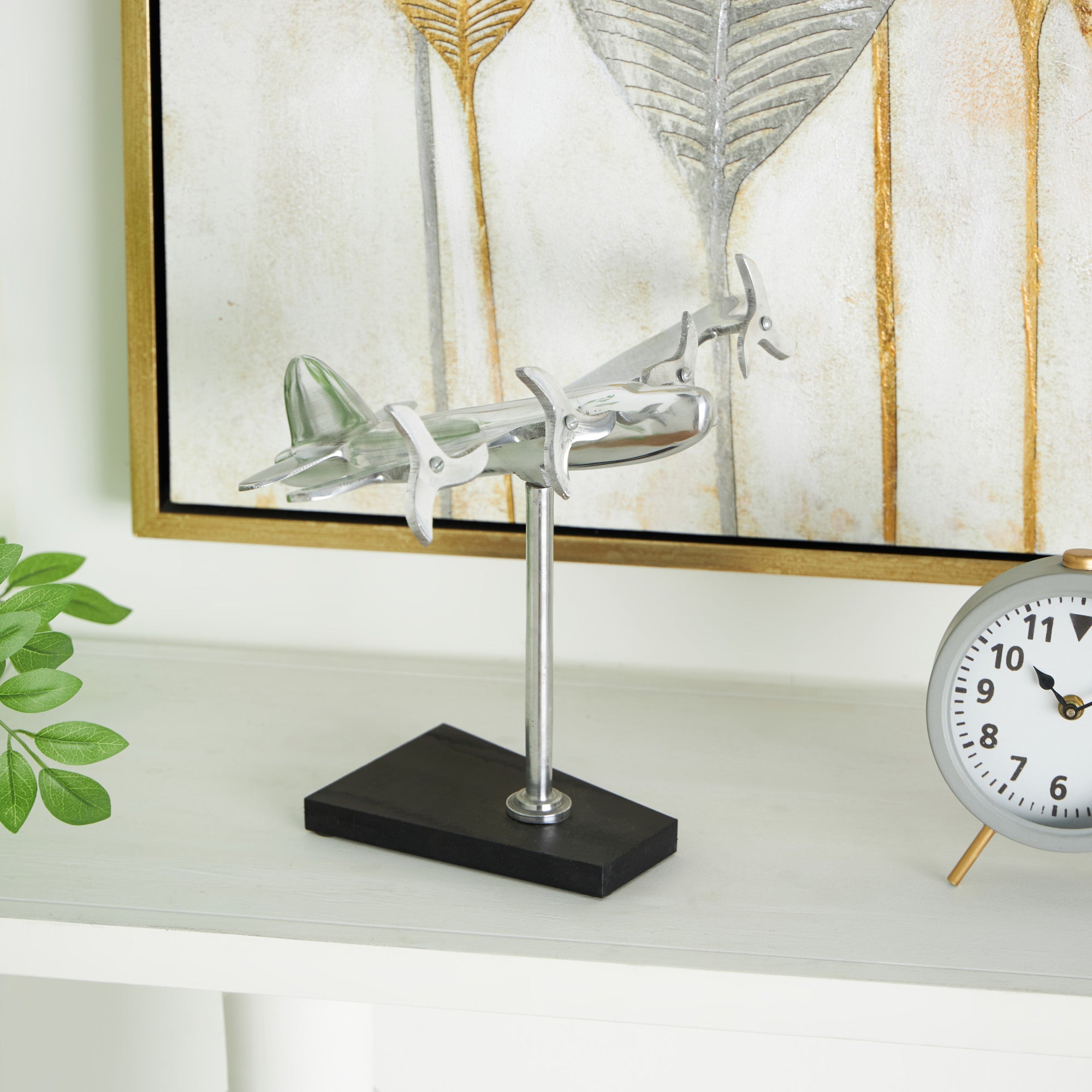 Airplane Silver Aluminum Metal Decorative Sculpture with Black Base