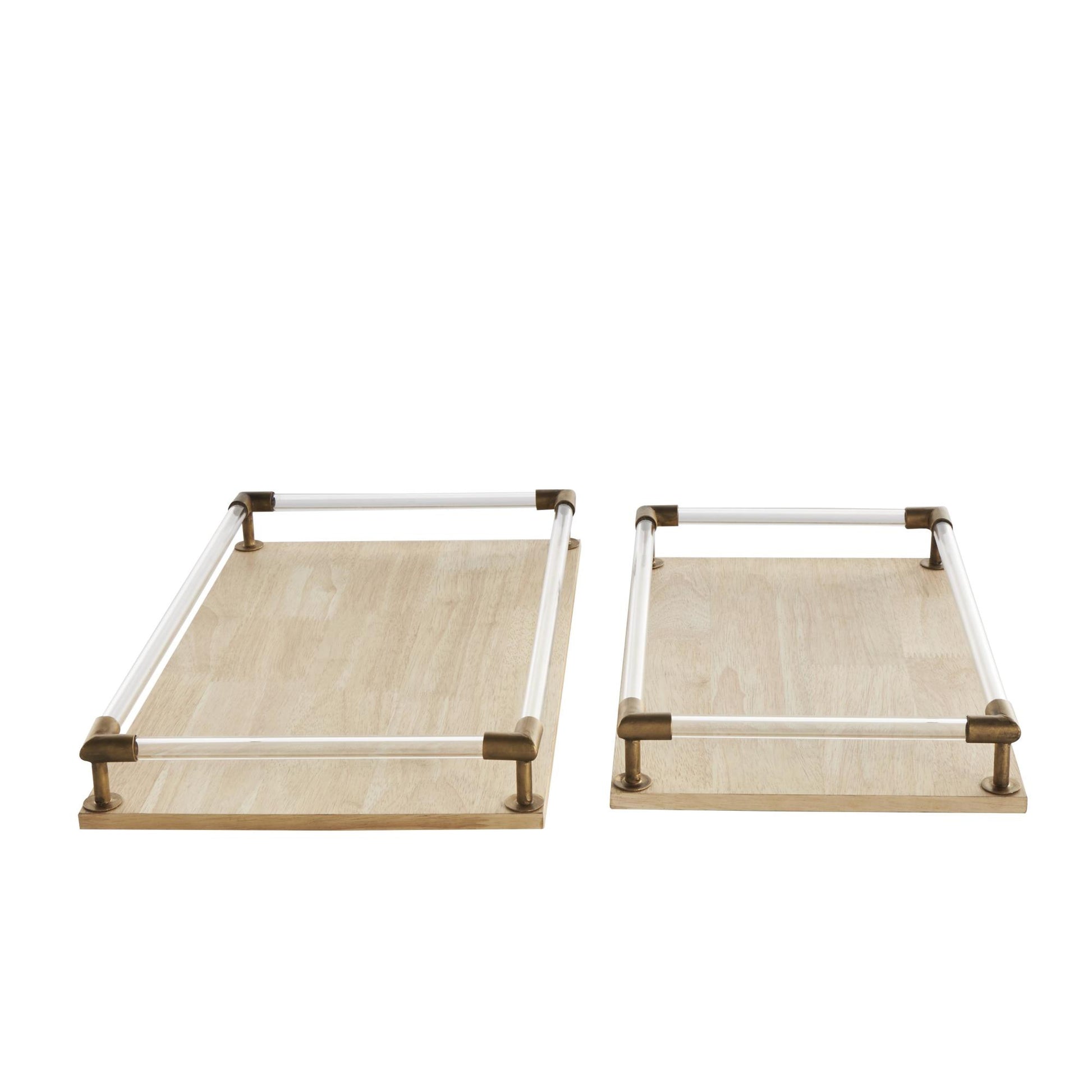 Set of 2 Light Brown Mango Wood Living Room Decor Tray with Copper Metal Edges and Acrylic Sides