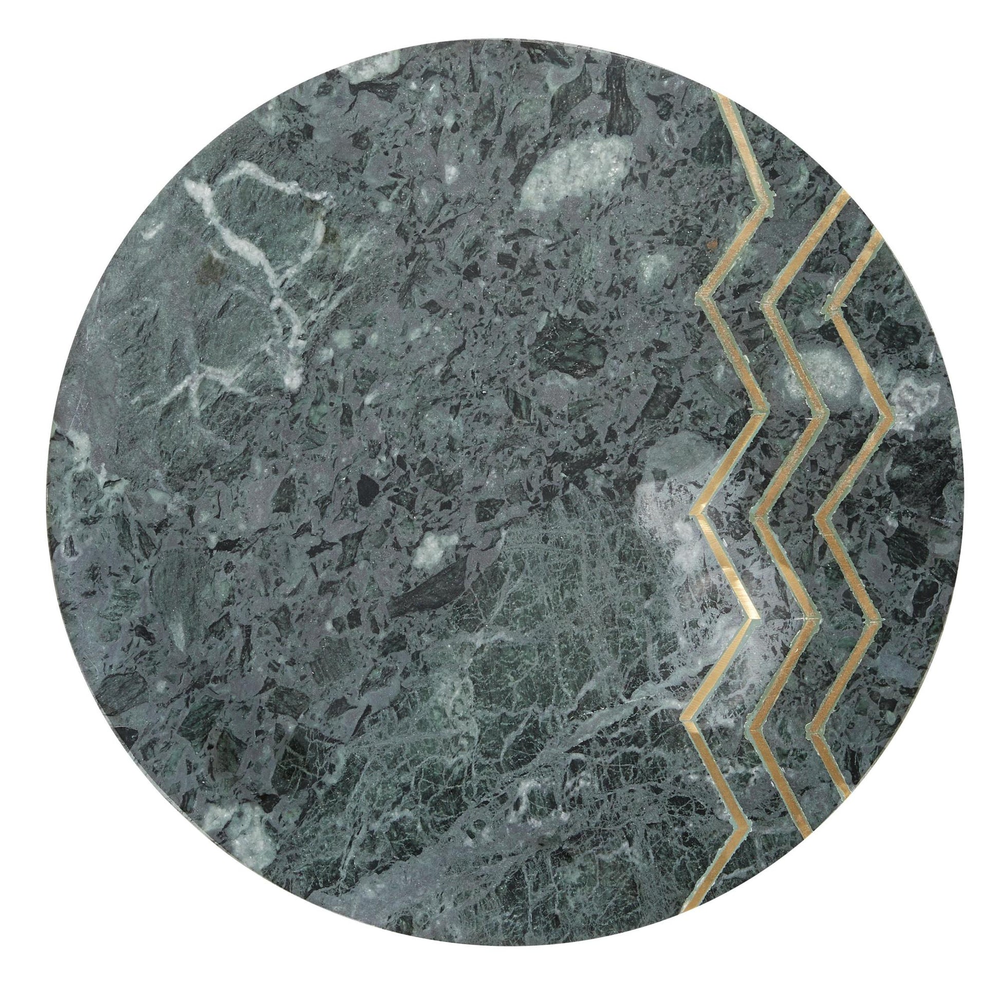 Green Marble Side End Accent Table with Gold Metal Tripod Legs and Zig-Zag Detail