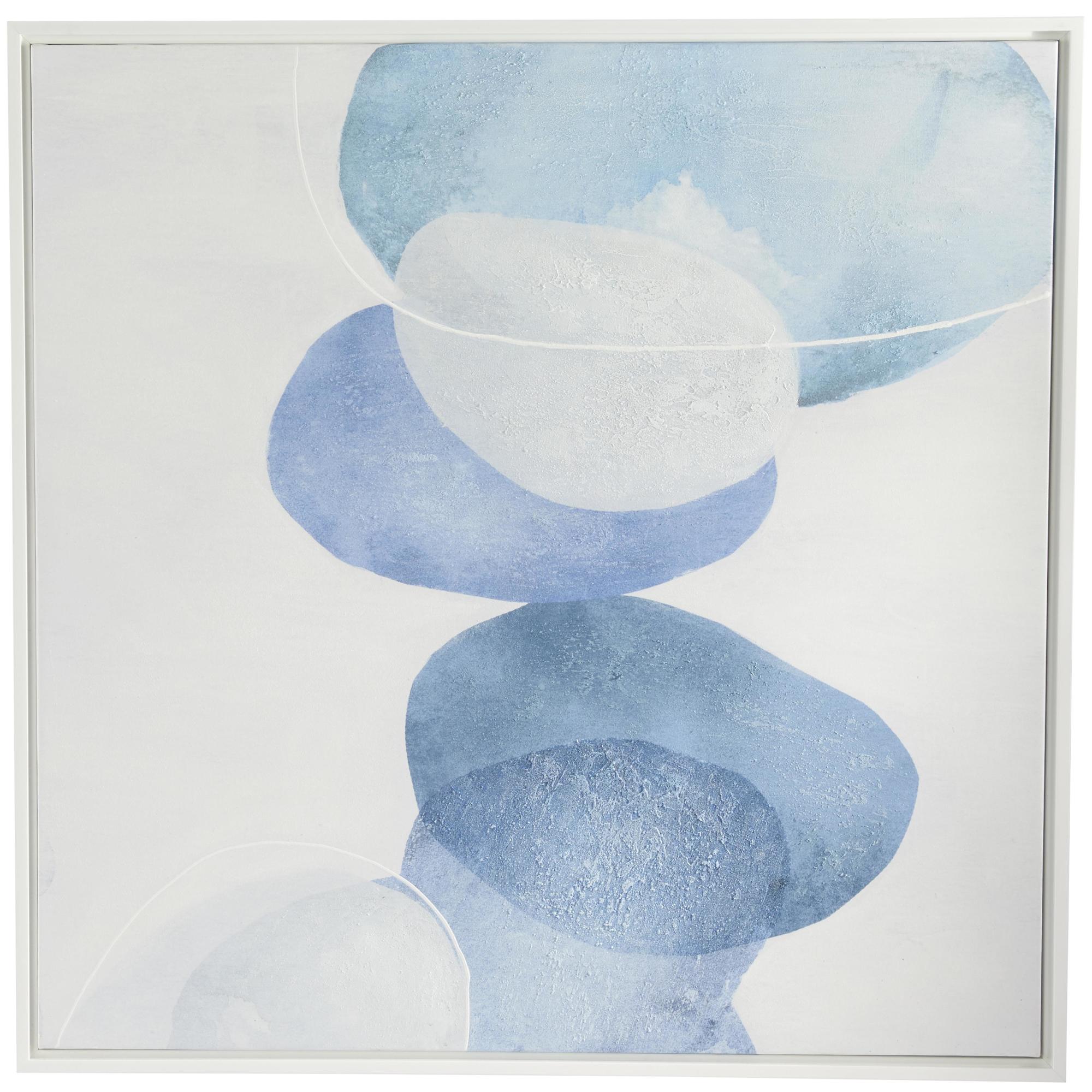 Abstract Blue Canvas Textured Overlapping Circle Living Room Framed Wall Art with White Accents