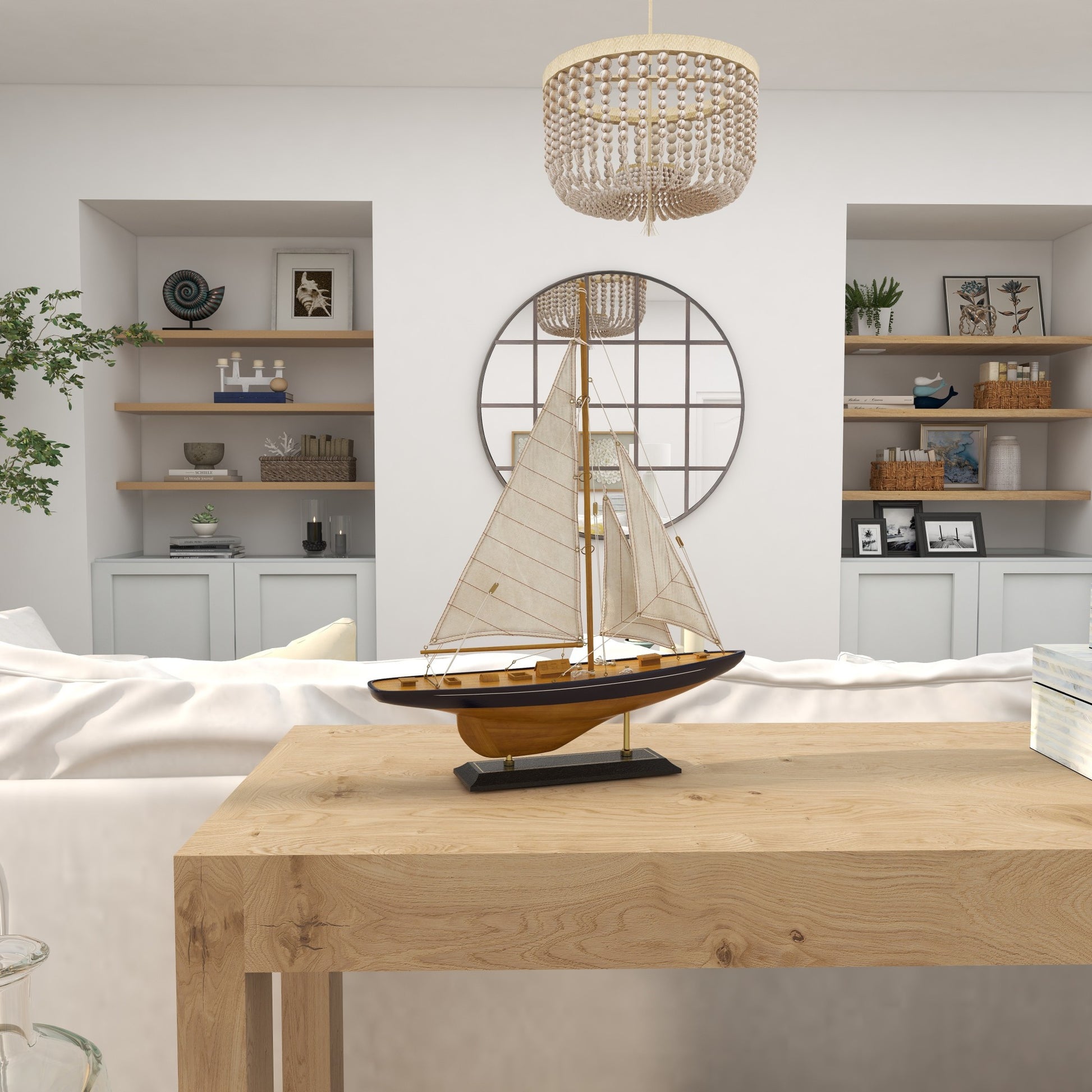 Sail Boat Brown Wood Decorative Sculpture with Beige and Navy Accents and Lifelike Rigging