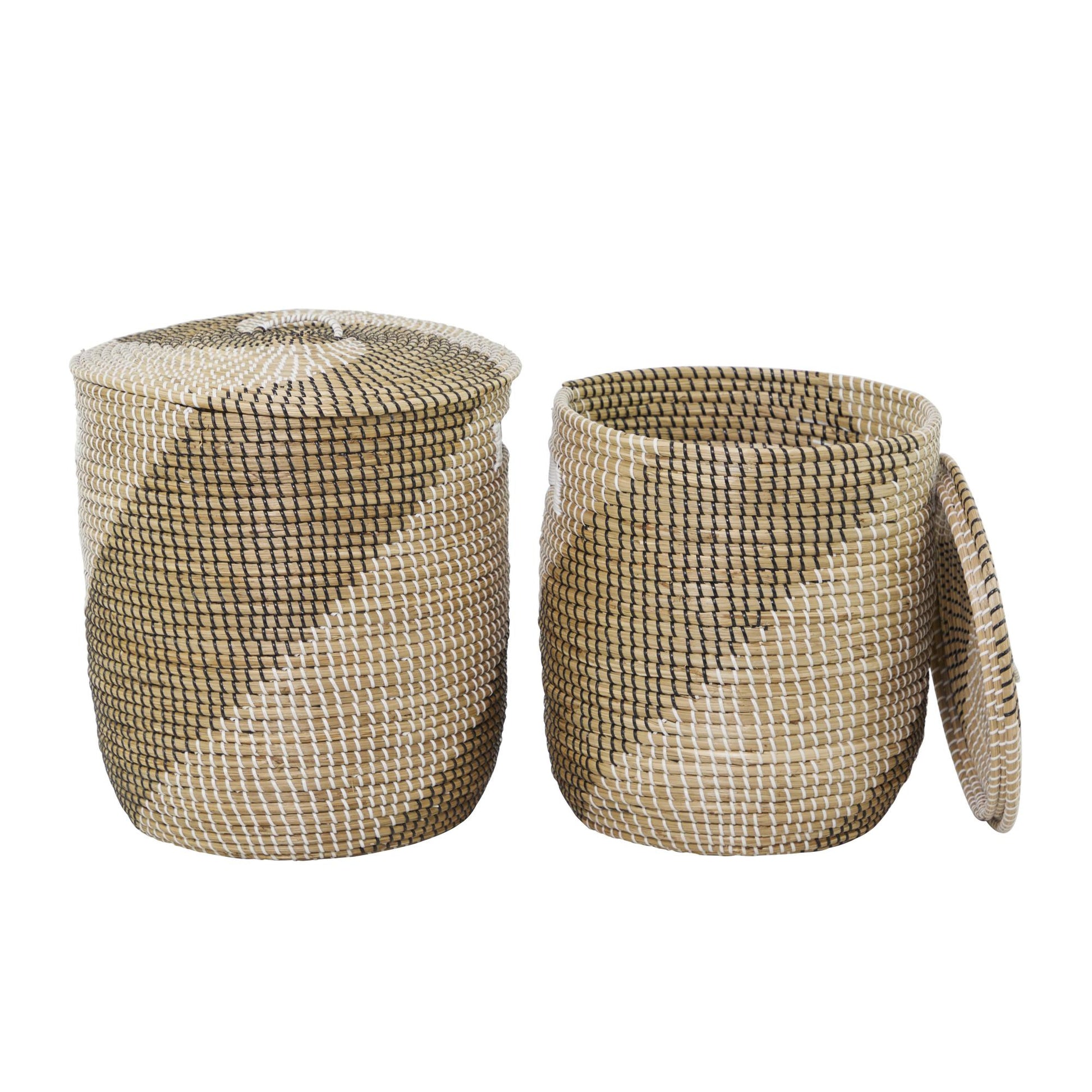 Set of 2 Brown Seagrass Handmade Two Toned Decorative and Functional Storage Basket with Matching Lids