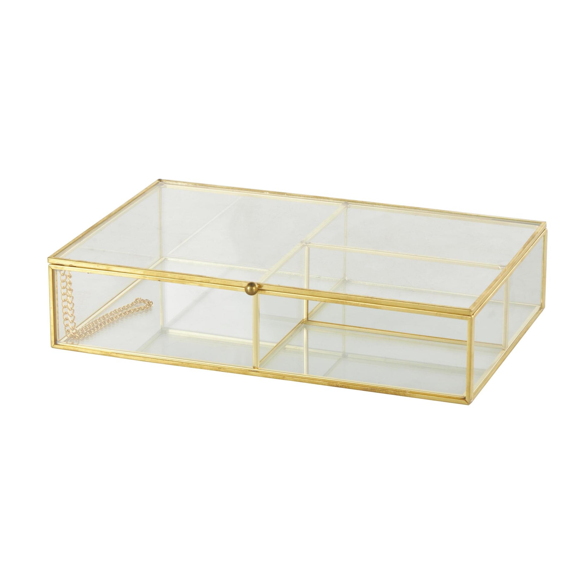 Clear Glass 3 Slot Decorative Jewelry Box with Gold Metal Frame and Chain Accent