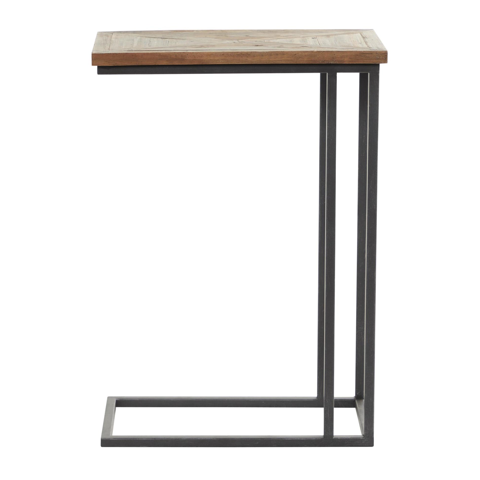 Black Metal C-Shaped Side End Accent Table with Brown Wood Top