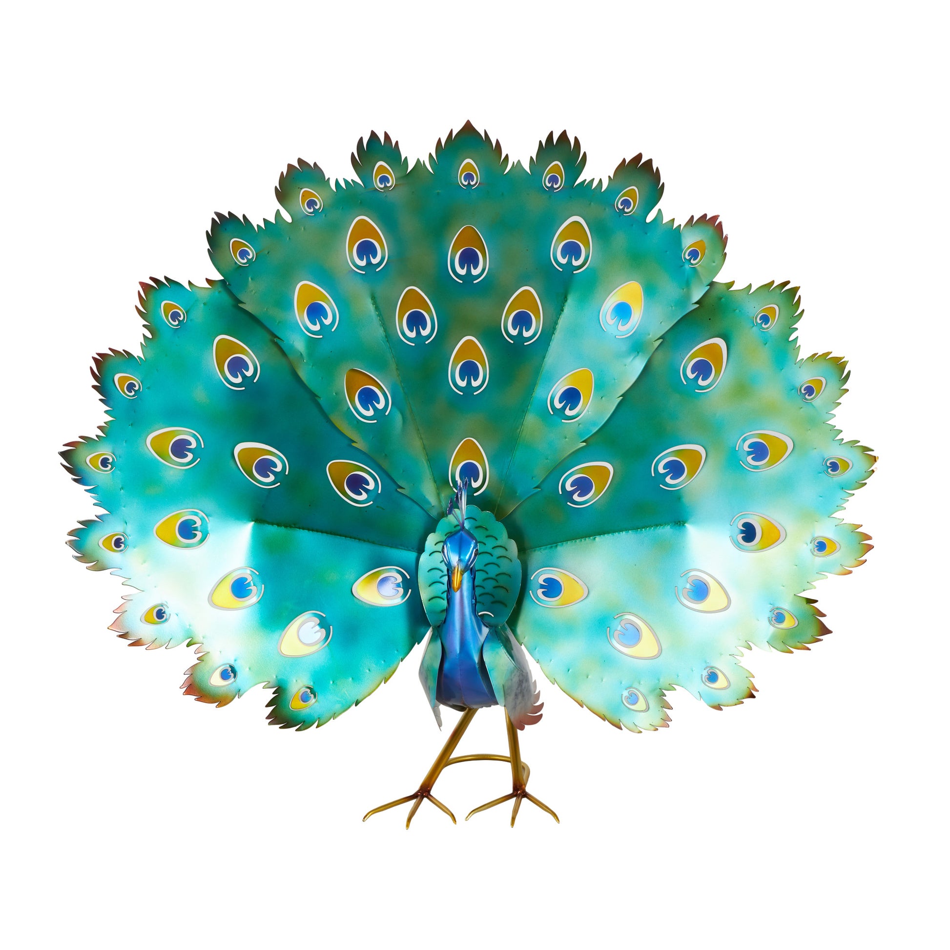 Peacock Blue Metal Decorative Garden Sculpture with Gold Legs and Teal Wings