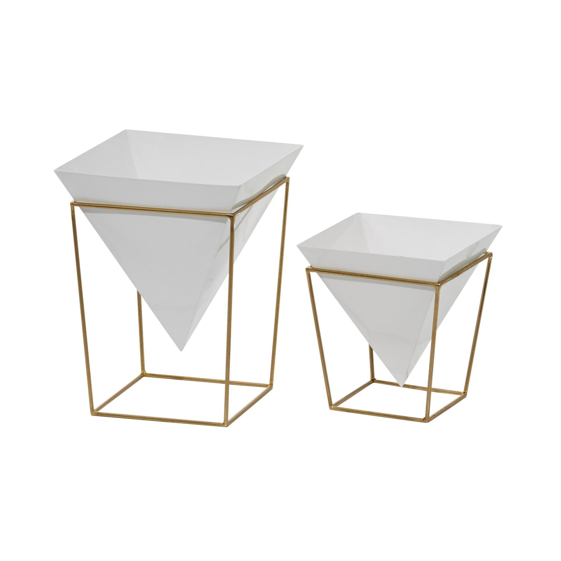 CosmoLiving by Cosmopolitan Set of 2 White Metal Dome Indoor Outdoor Planter with Gold X-Shaped Stands