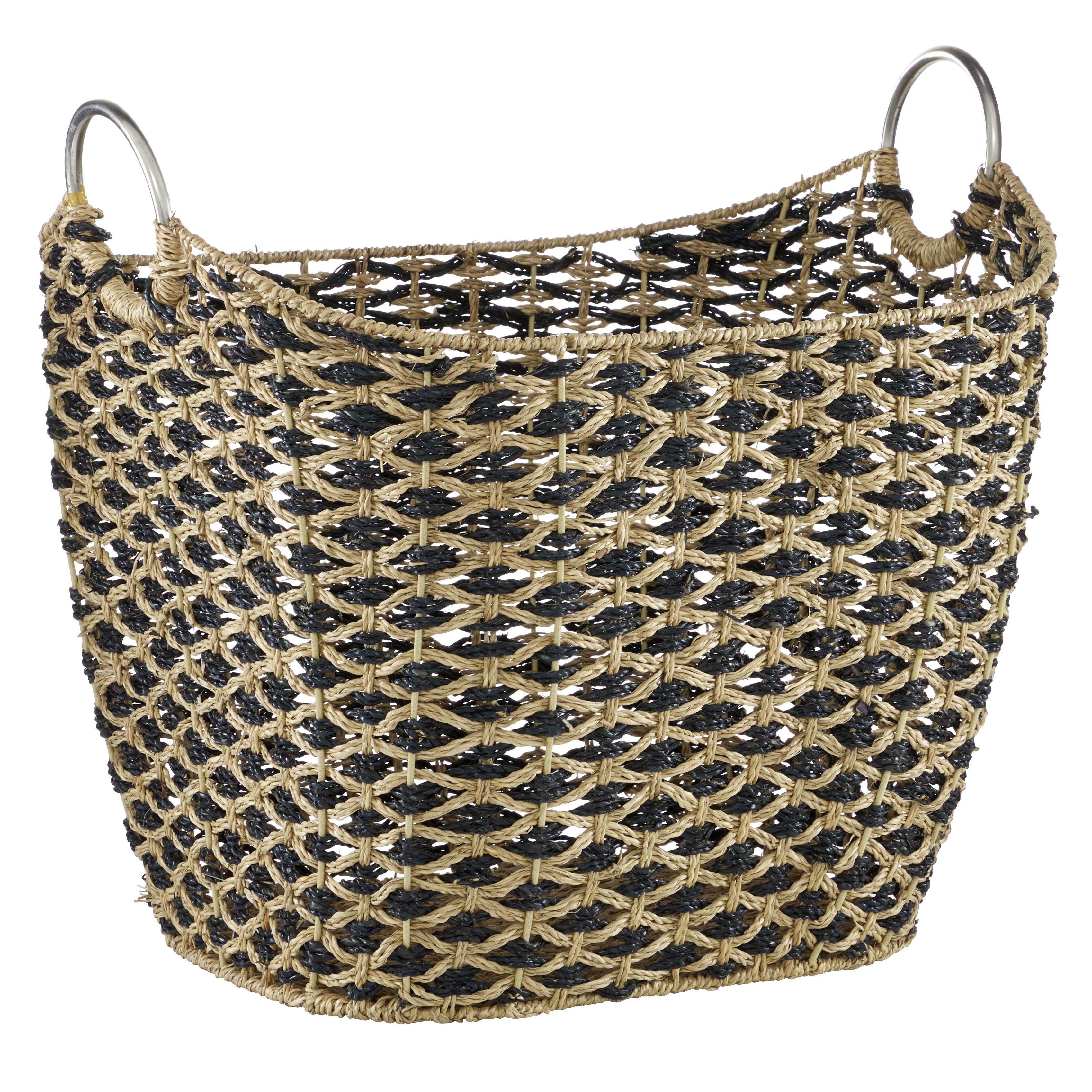 Seagrass Handmade Two Toned Decorative and Functional Storage Basket with Metal Handles