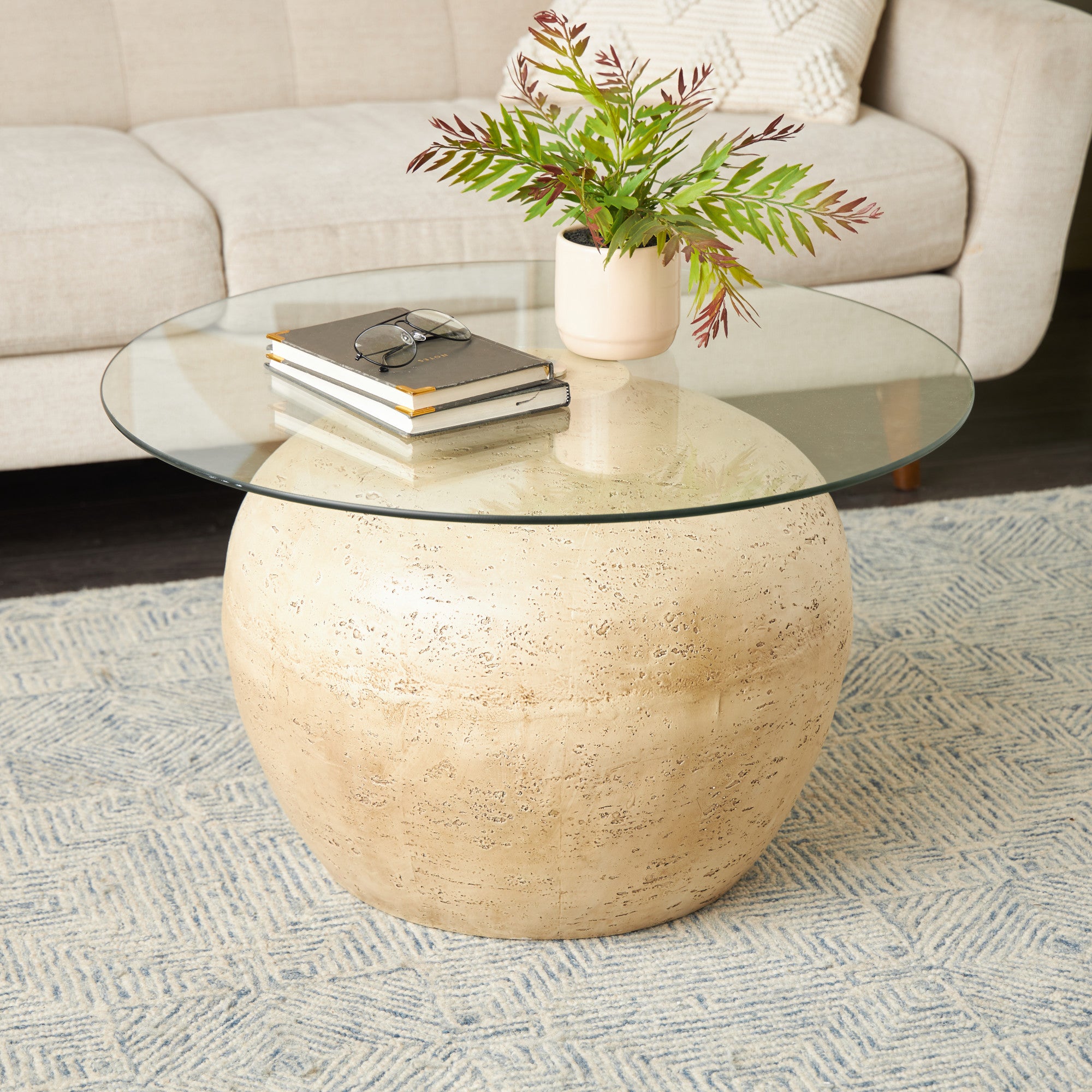 Beige Resin Wide Living Room Coffee Table with Tempered Glass Tabletop