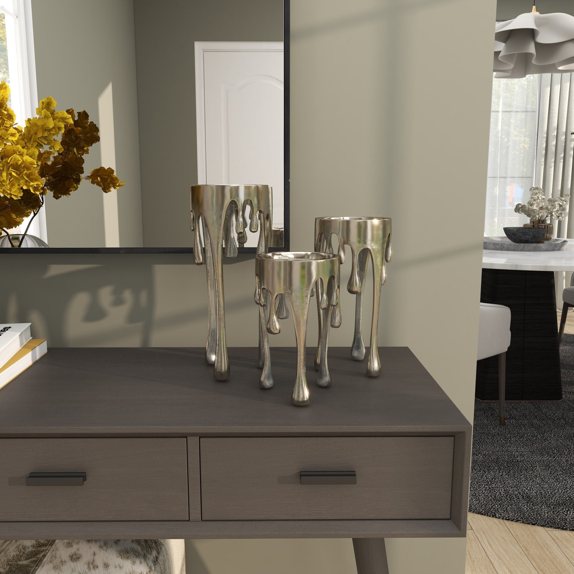 CosmoLiving by Cosmopolitan Set of 3 Abstract Aluminum Metal Drip Decorative Candle Holder with Melting Designed Legs