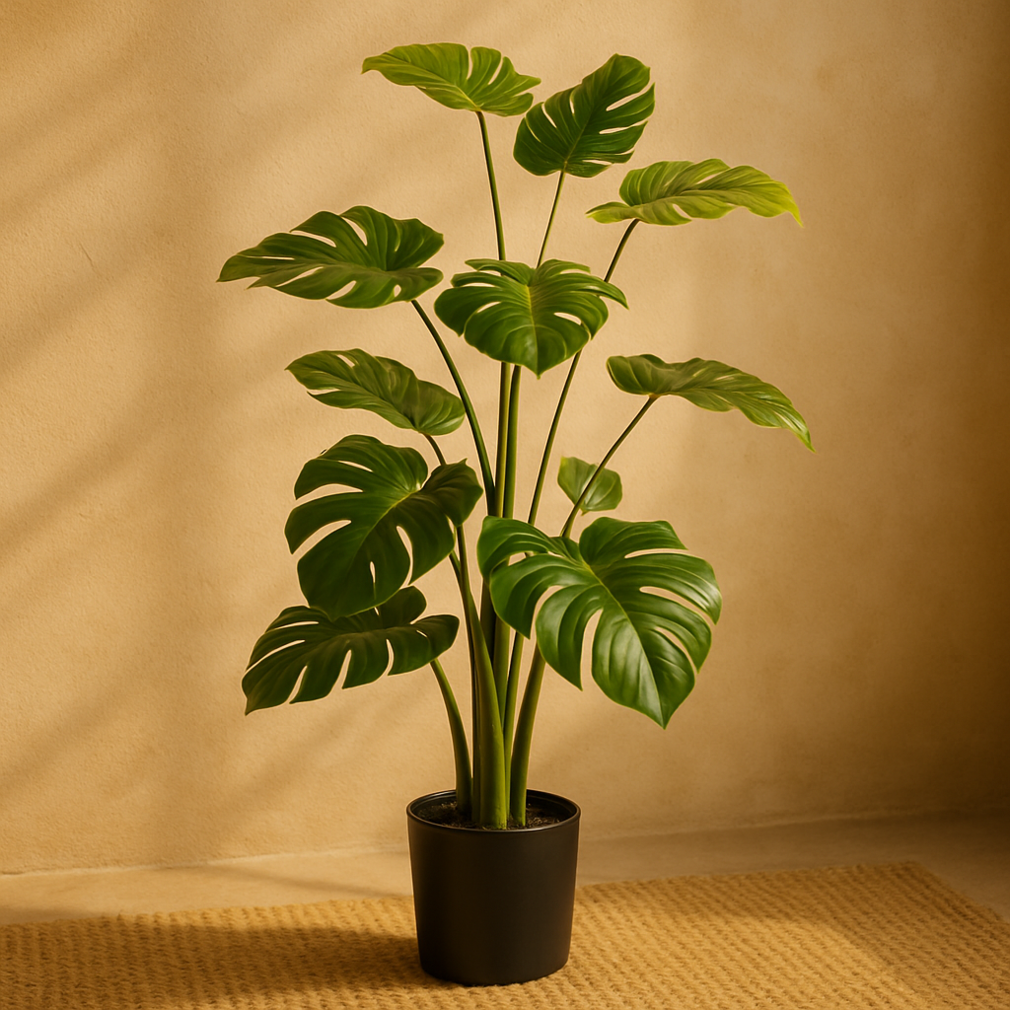 Monstera Green Faux Foliage Indoor Outdoor Artificial Plant with Realistic Leaves and Black Plastic Pot