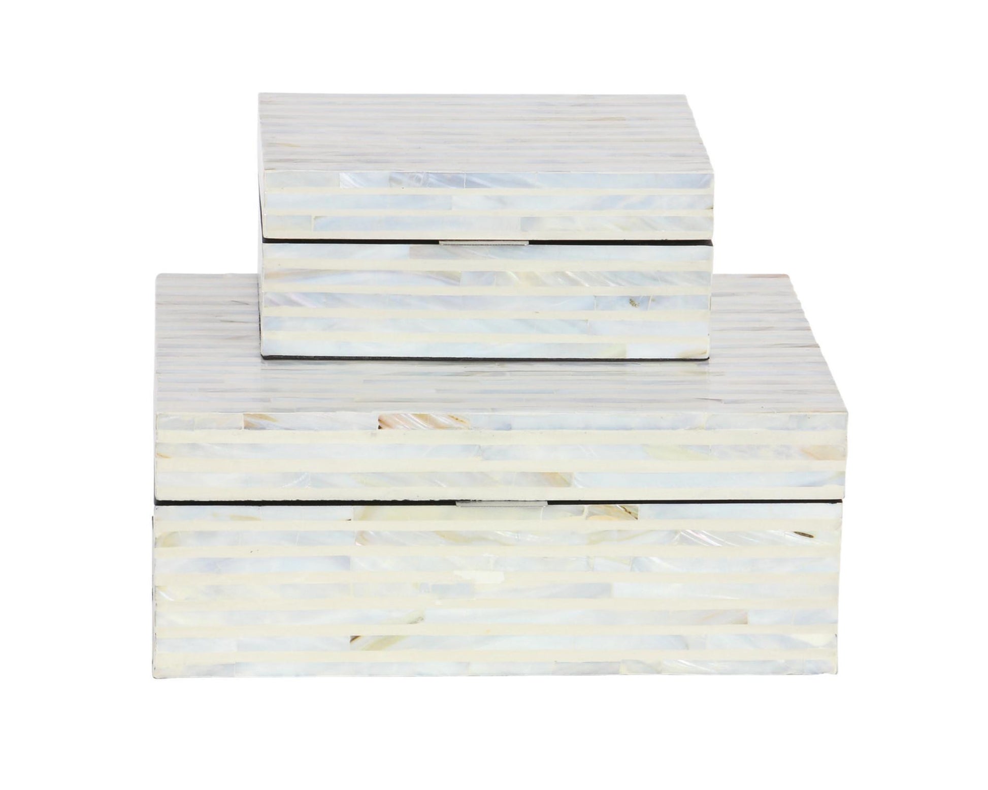 Set of 2 Light Blue Mother of Pearl Shell Handmade Decorative Box with Linear Mosaic Pattern and Hinged Lid