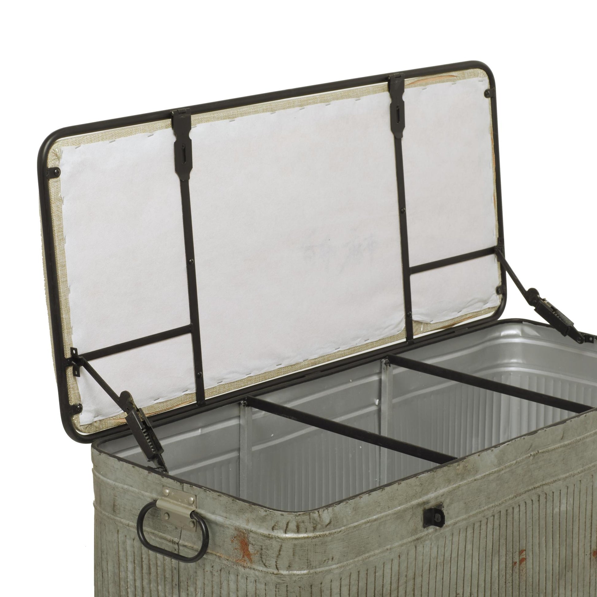 Gray Metal Galvanized Room Storage Bench with Cream Burlap Top and Black Latches