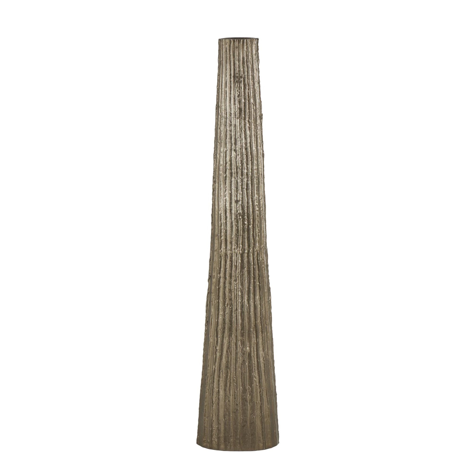 Brass Aluminum Metal Slim Flat Tall Floor Cone Decorative Vase with Textured Ridges