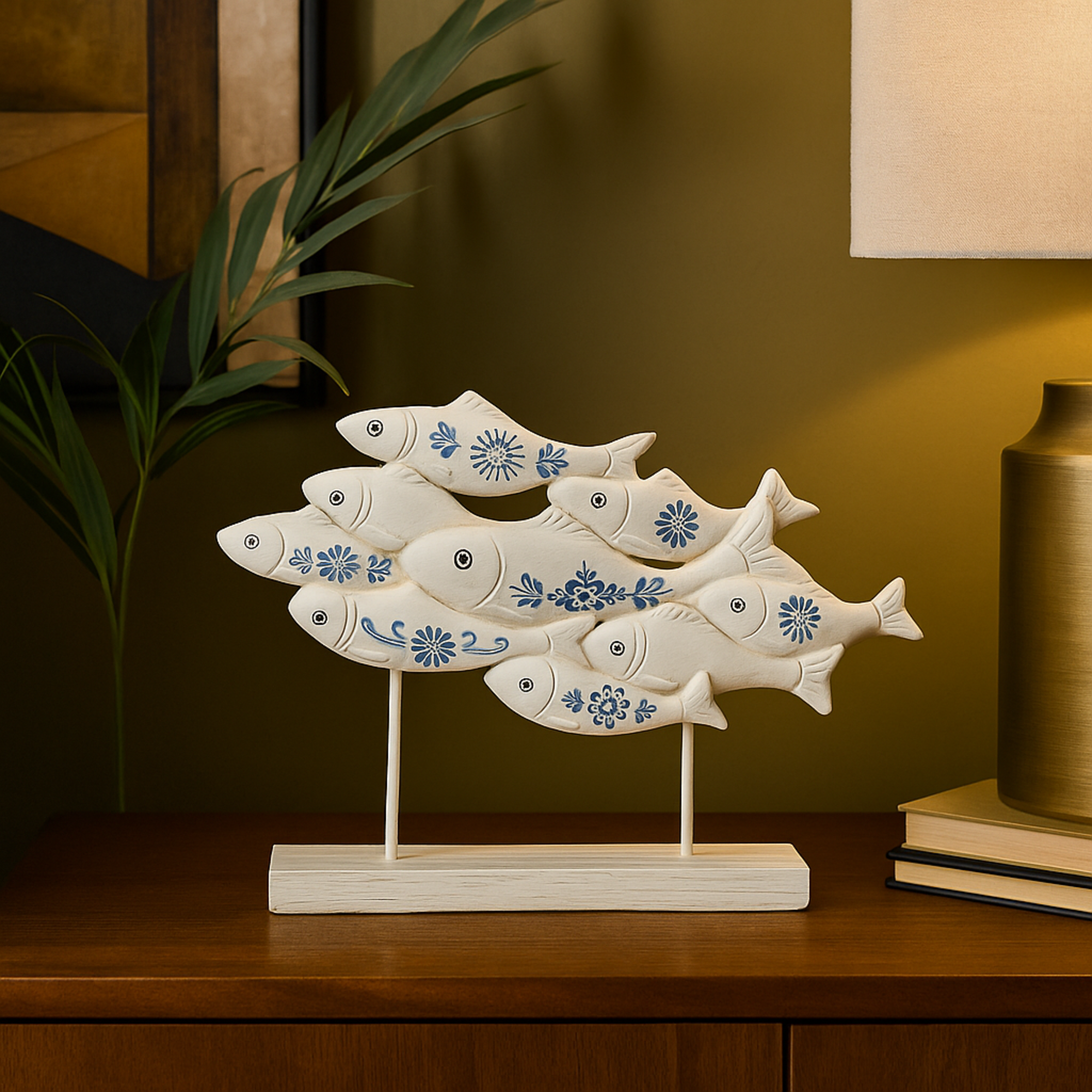 Fish White Polystone Decorative Sculpture with Blue Floral Patterns and Stand