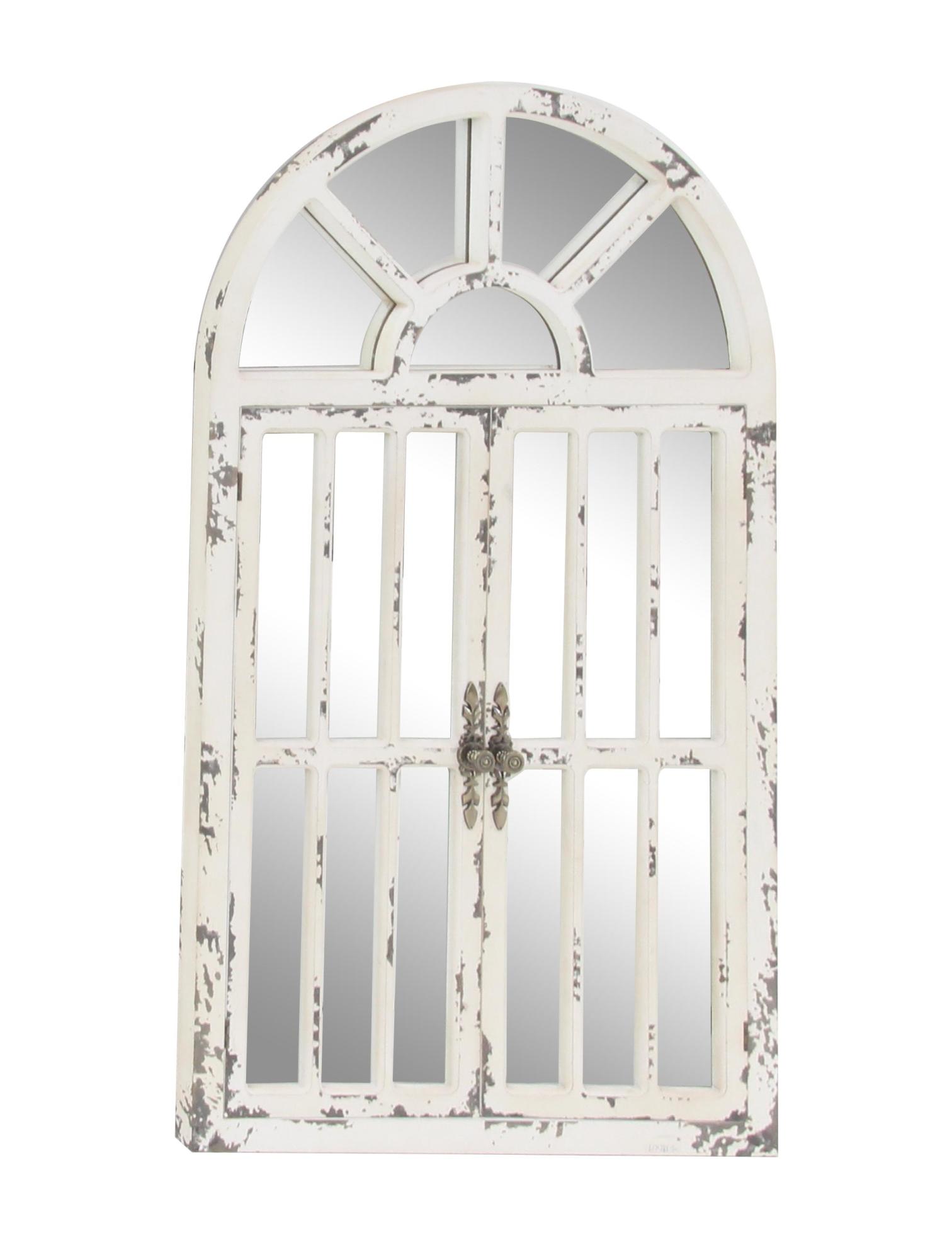 White Wood Window Pane Inspired 2 Door Room Wall Mirror with Arched Top and Distressing