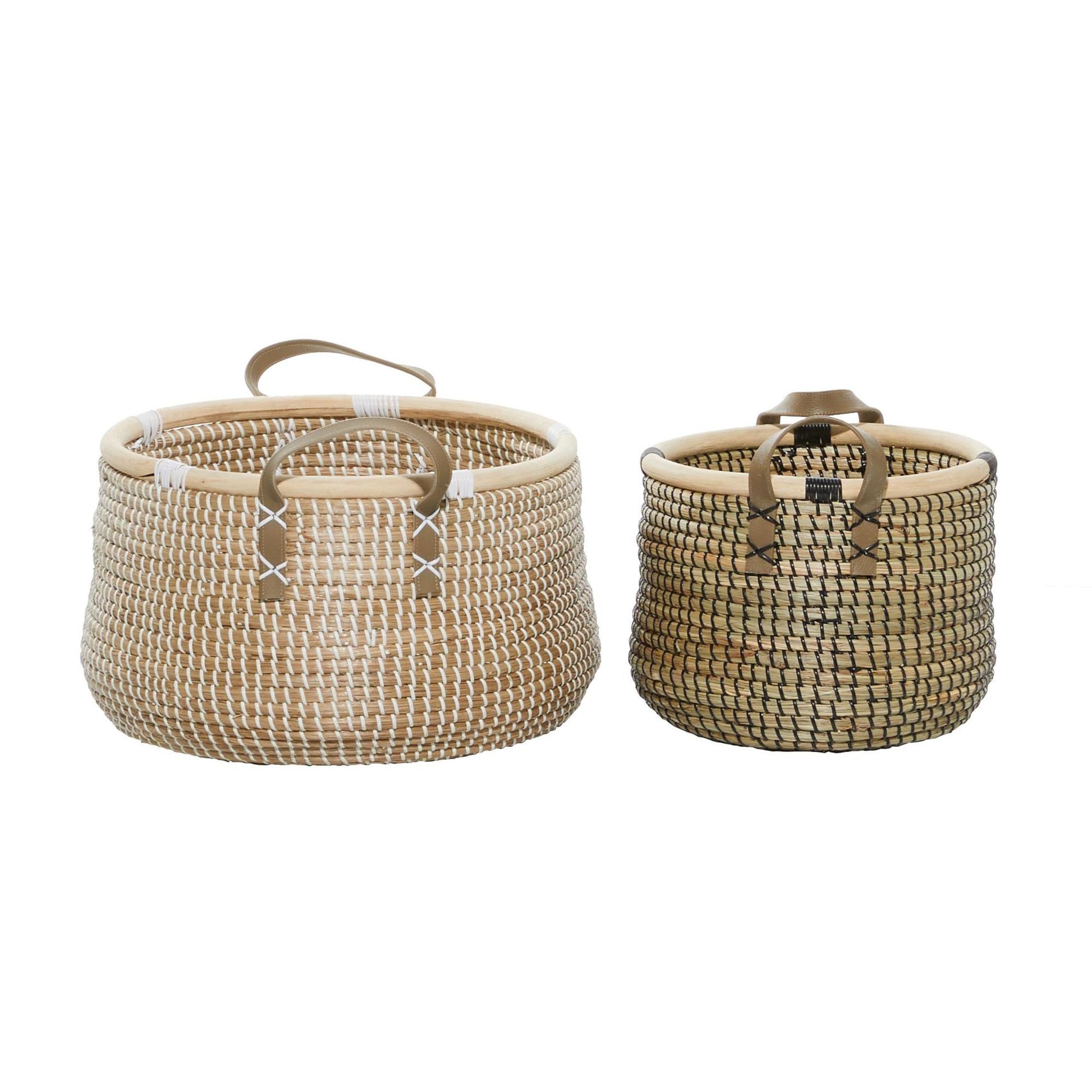 Set of 2 Brown Banana Leaf Handmade Decorative and Functional Storage Basket with Handles