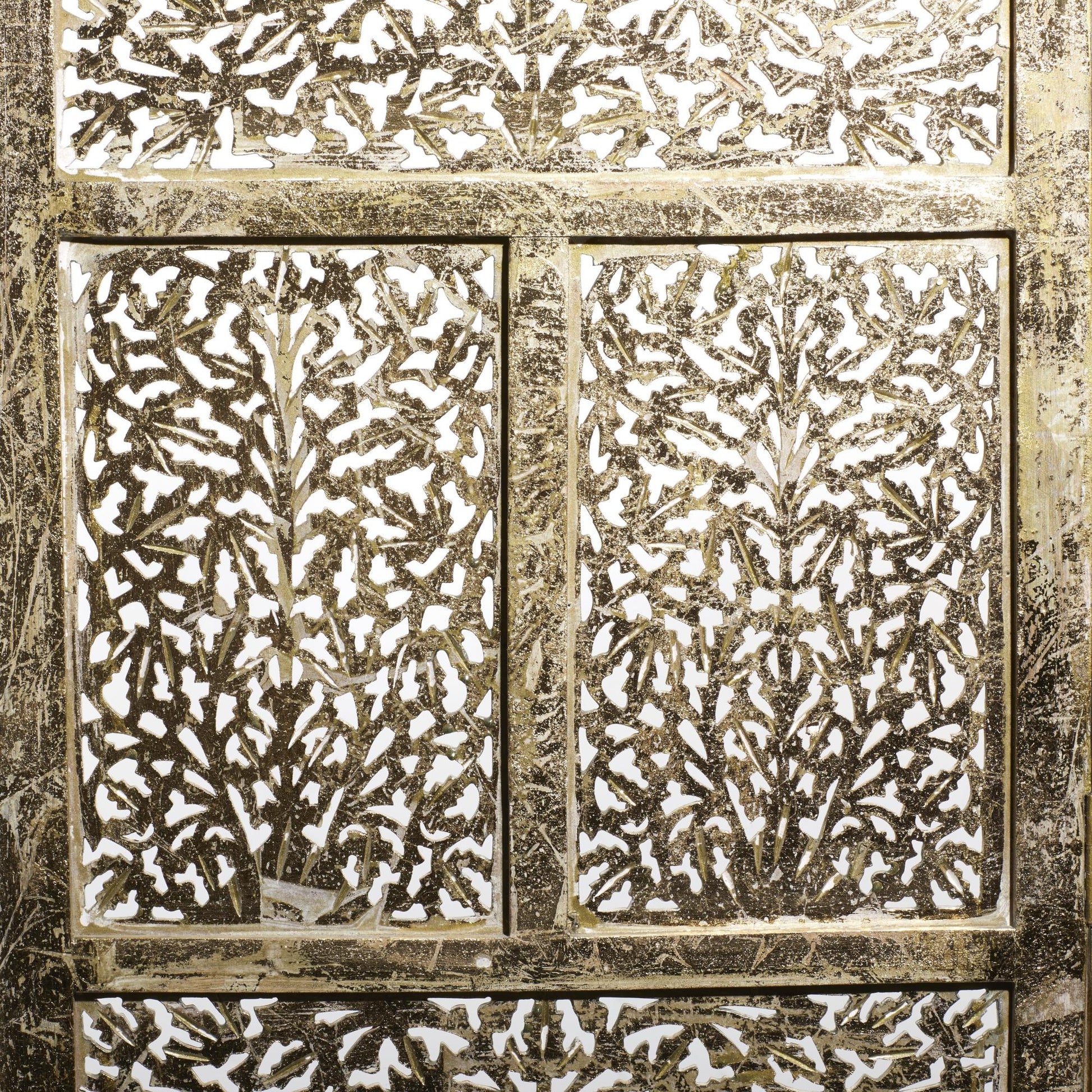 Floral Gold Wooden Handmade Foldable Partition 4 Panel Partition Room Divider Screen with Carved Designs