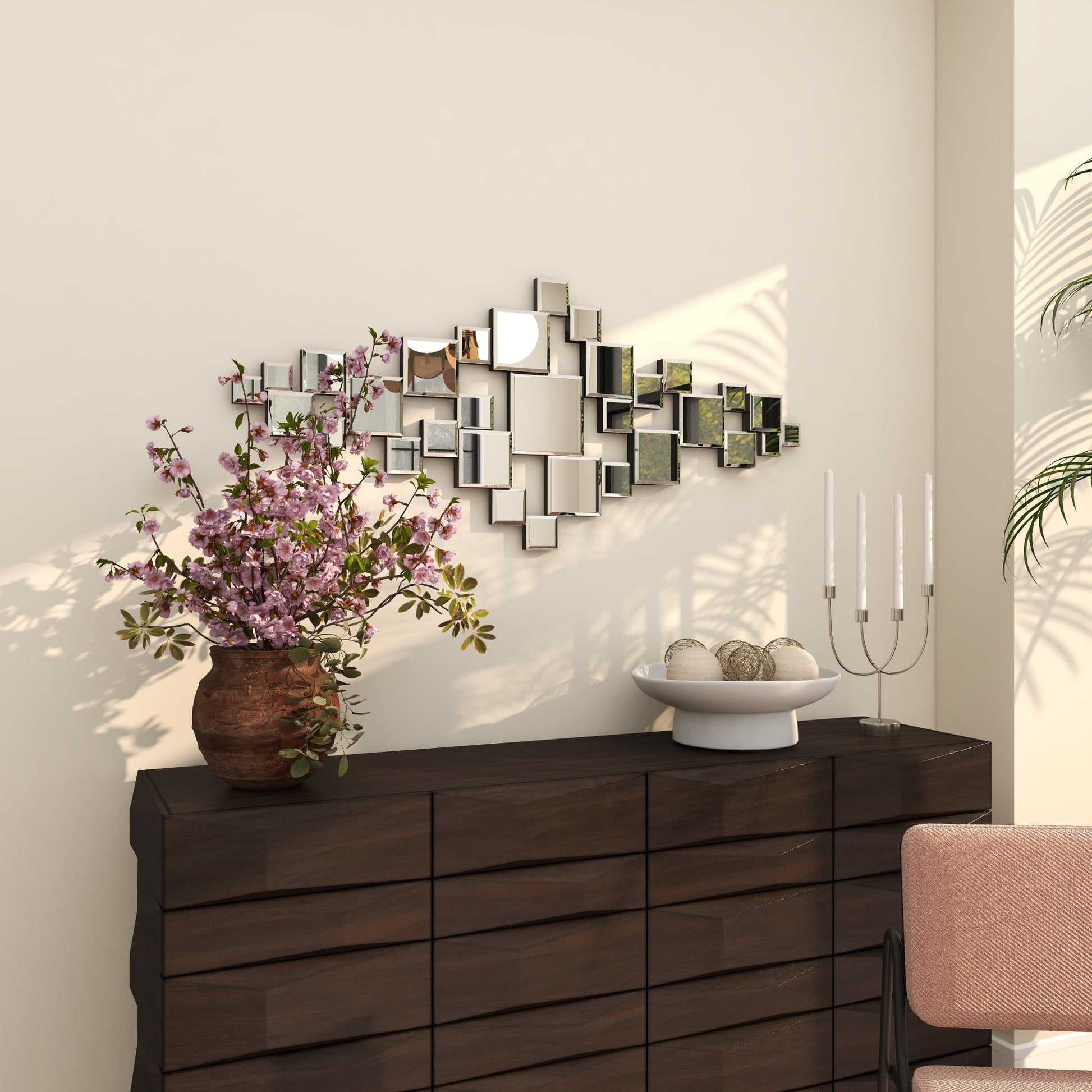 Geometric Silver Glass Slim Room Wall Mirror with Stacked Square Mirrors
