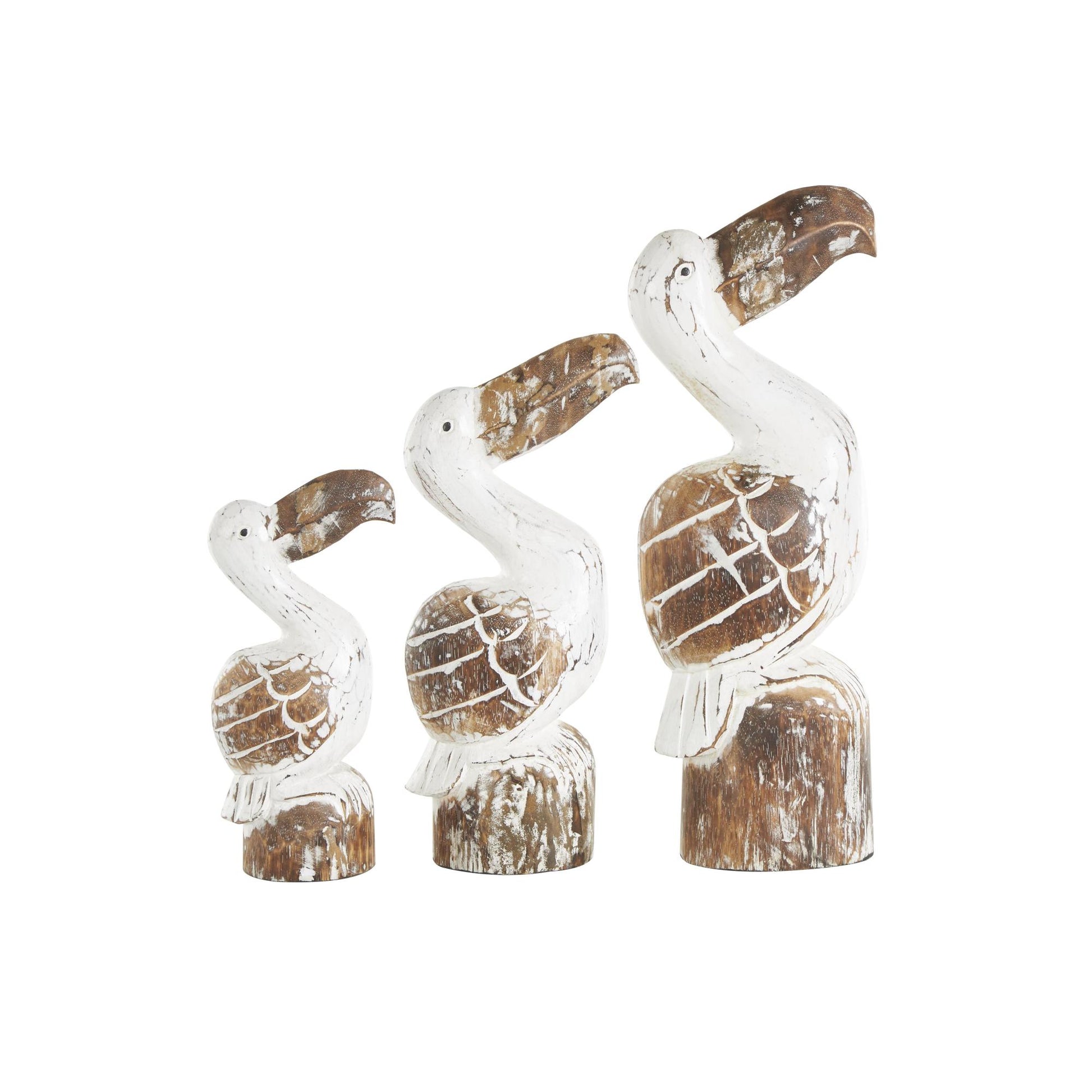 Set of 3 Pelican White Wood Handmade Distressed Decorative Sculpture with Brown Accents