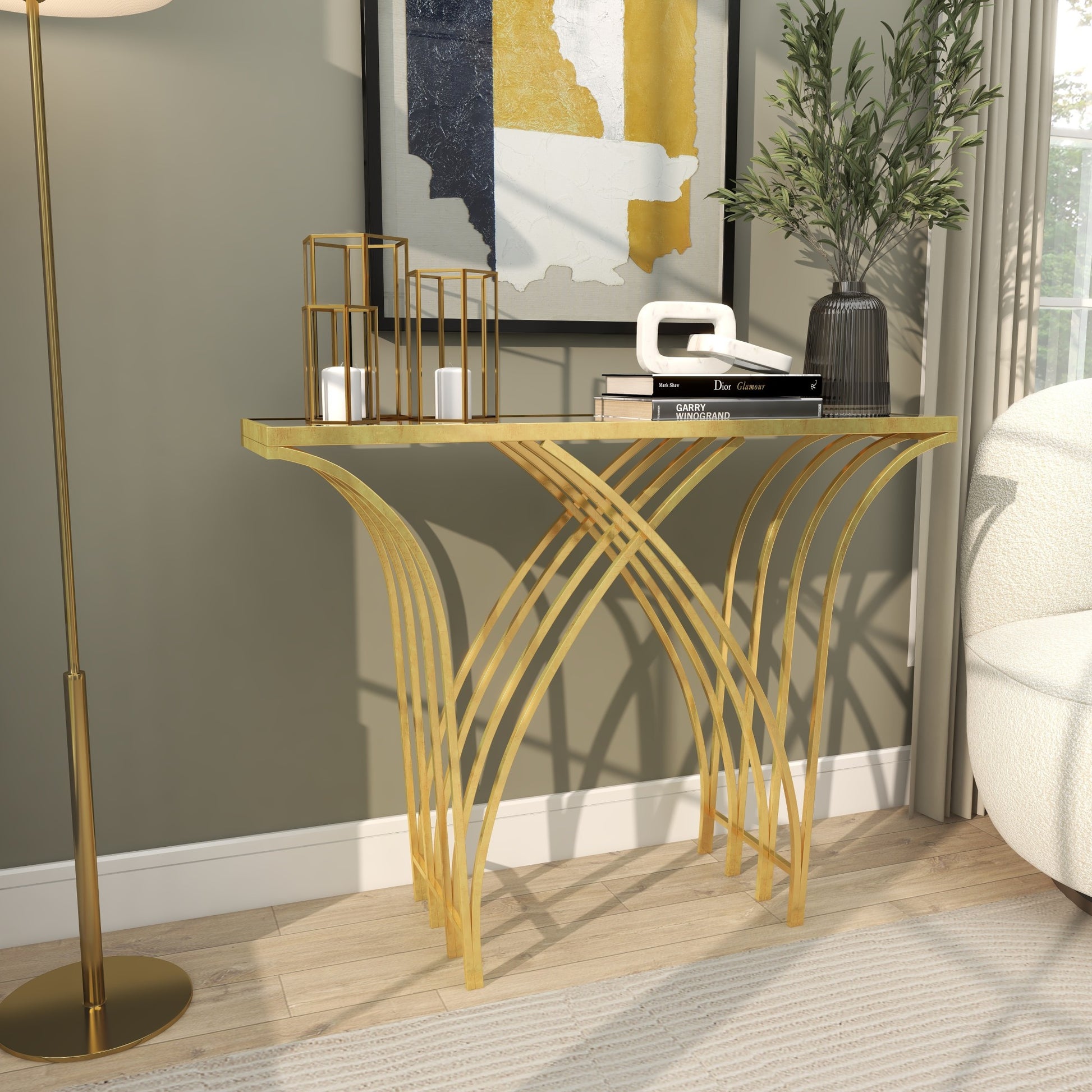 Geometric Gold Metal Rectangular Living Room Console Table with Mirrored Glass Top
