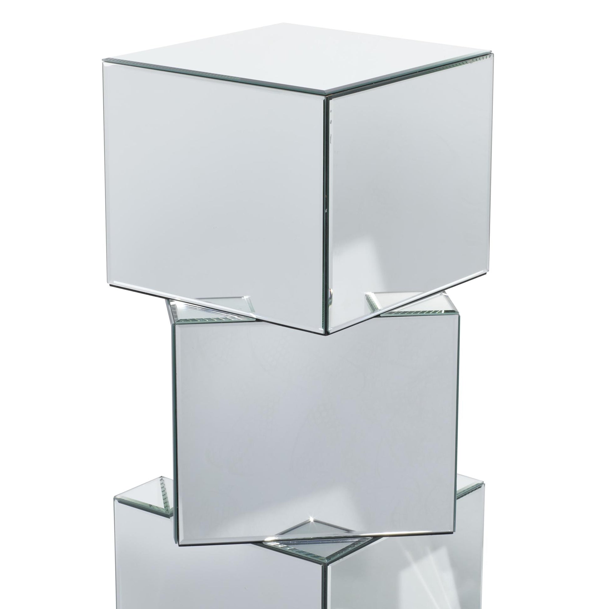Silver Glass Mirrored Stacked Cube Side End Pedestal Table with Glass Front Panels